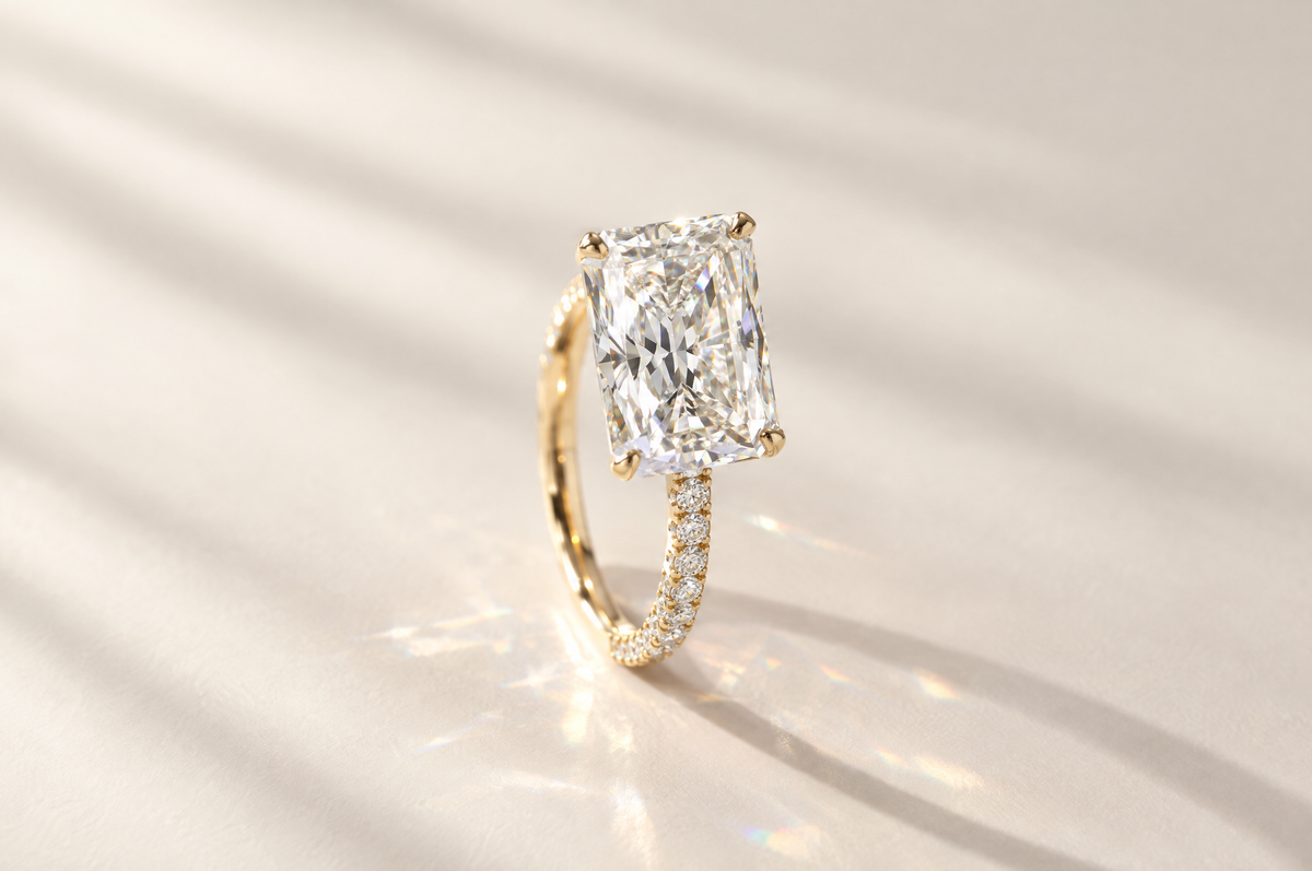 Elongated radiant cut lab-grown diamond engagement ring