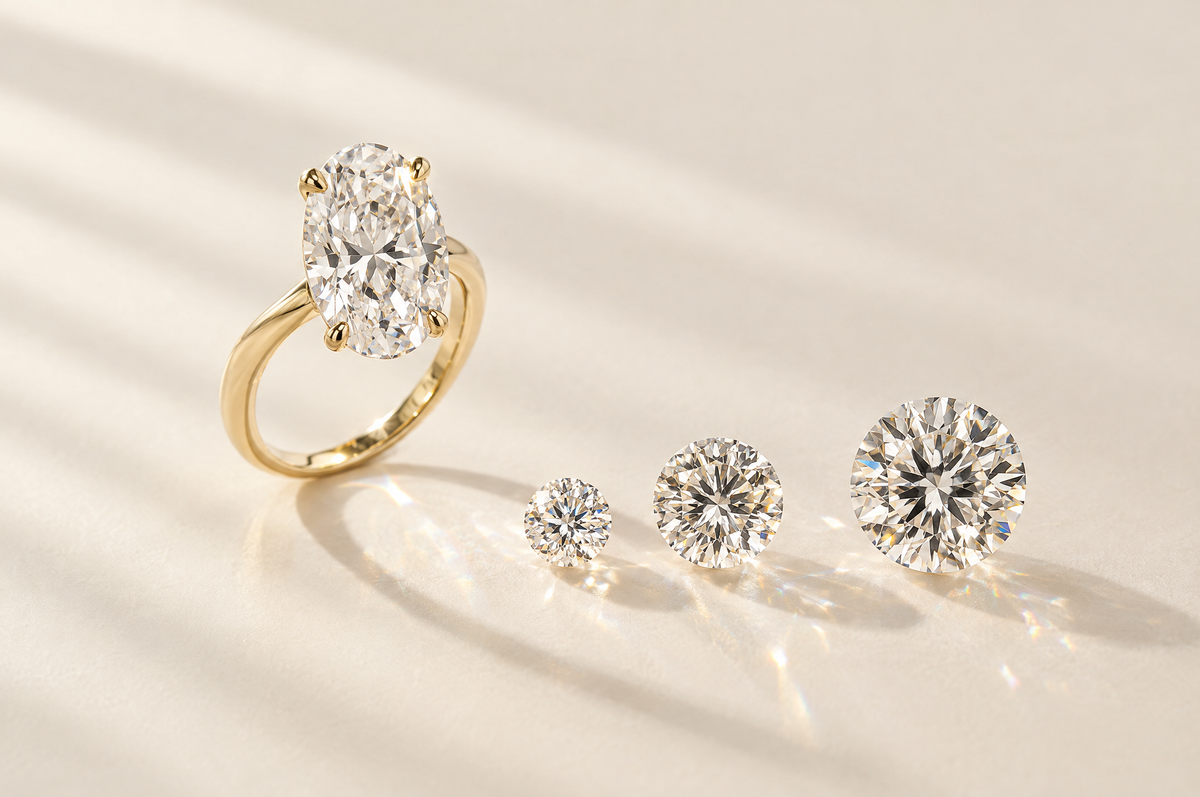 Oval lab-grown diamond solitaire ring beside three loose diamonds of graduating size