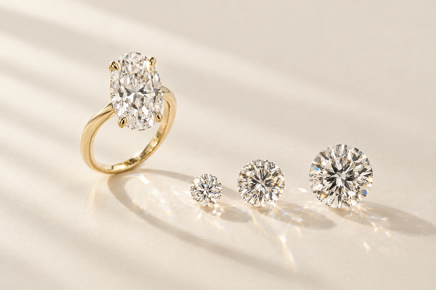 Oval lab-grown diamond solitaire ring beside three loose diamonds of graduating size