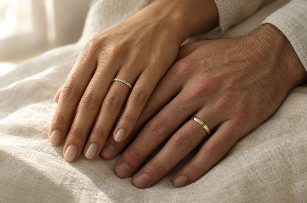 Two hands wearing matching gold wedding bands