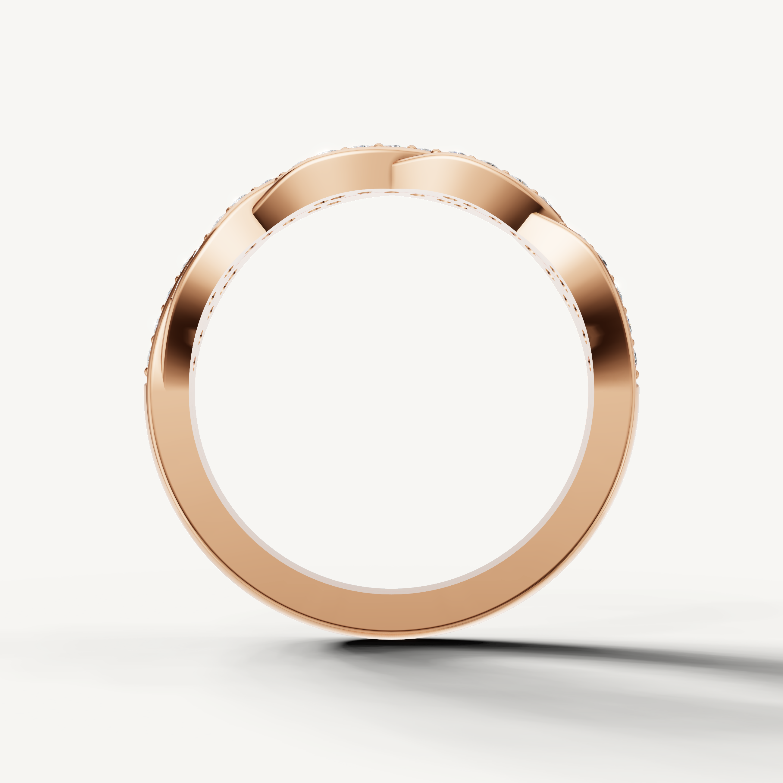 Modern rose gold pavé diamond wedding ring with braided crossover style