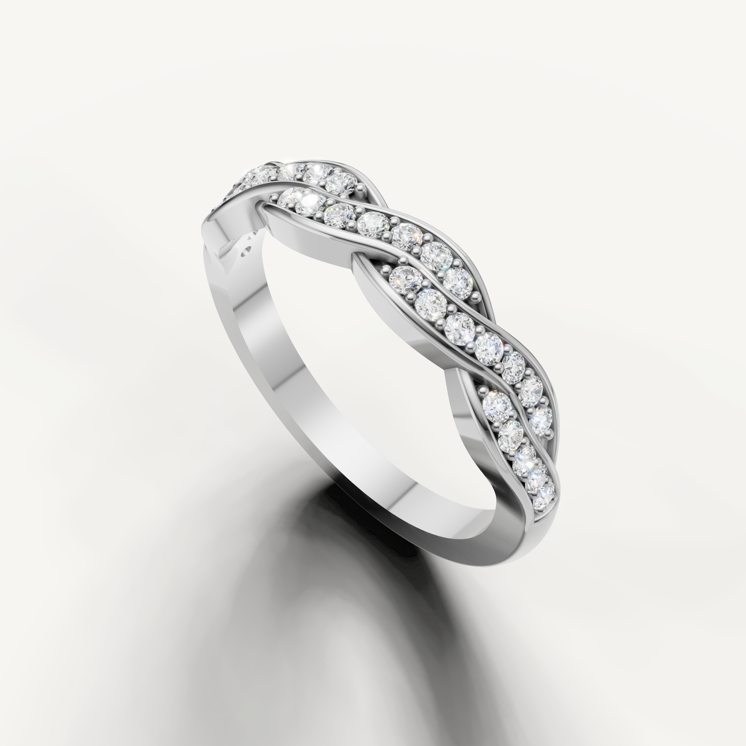 Luxury white gold woven diamond wedding band with handcrafted crossover design
