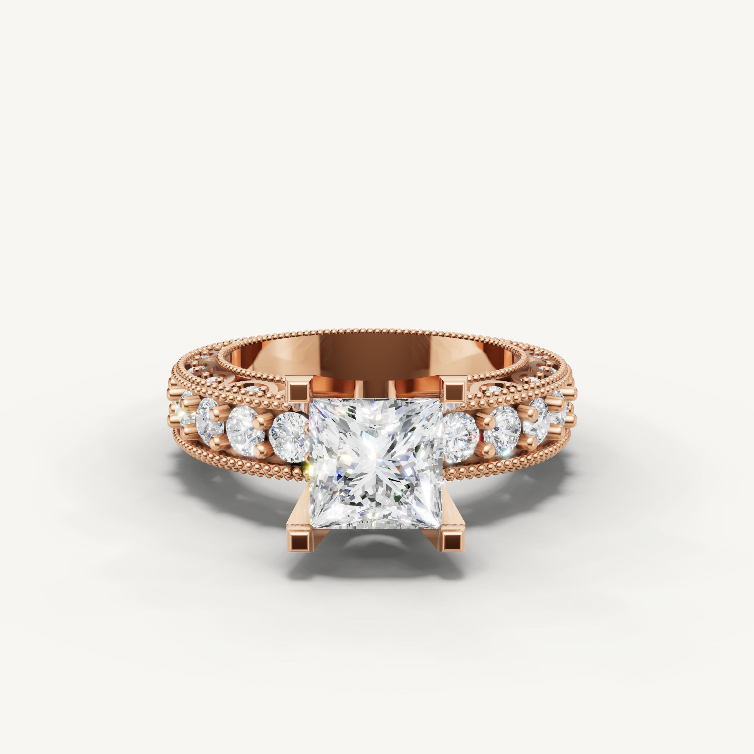 Rose gold princess cut lab grown diamond engagement ring with pavé diamond band and vintage milgrain detailing by Raul Diamonds