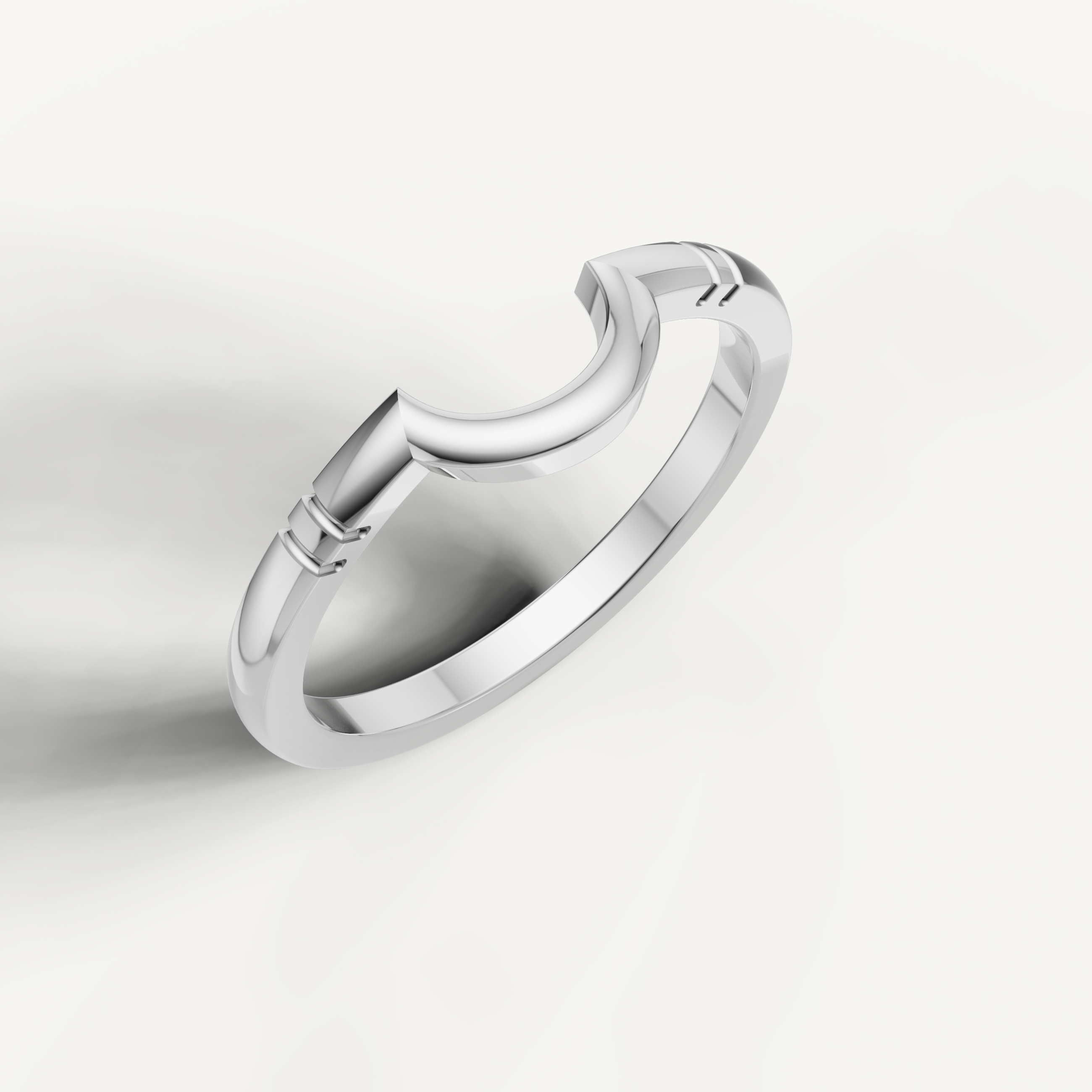 White gold minimalist wedding band ring featuring polished curved centerpiece