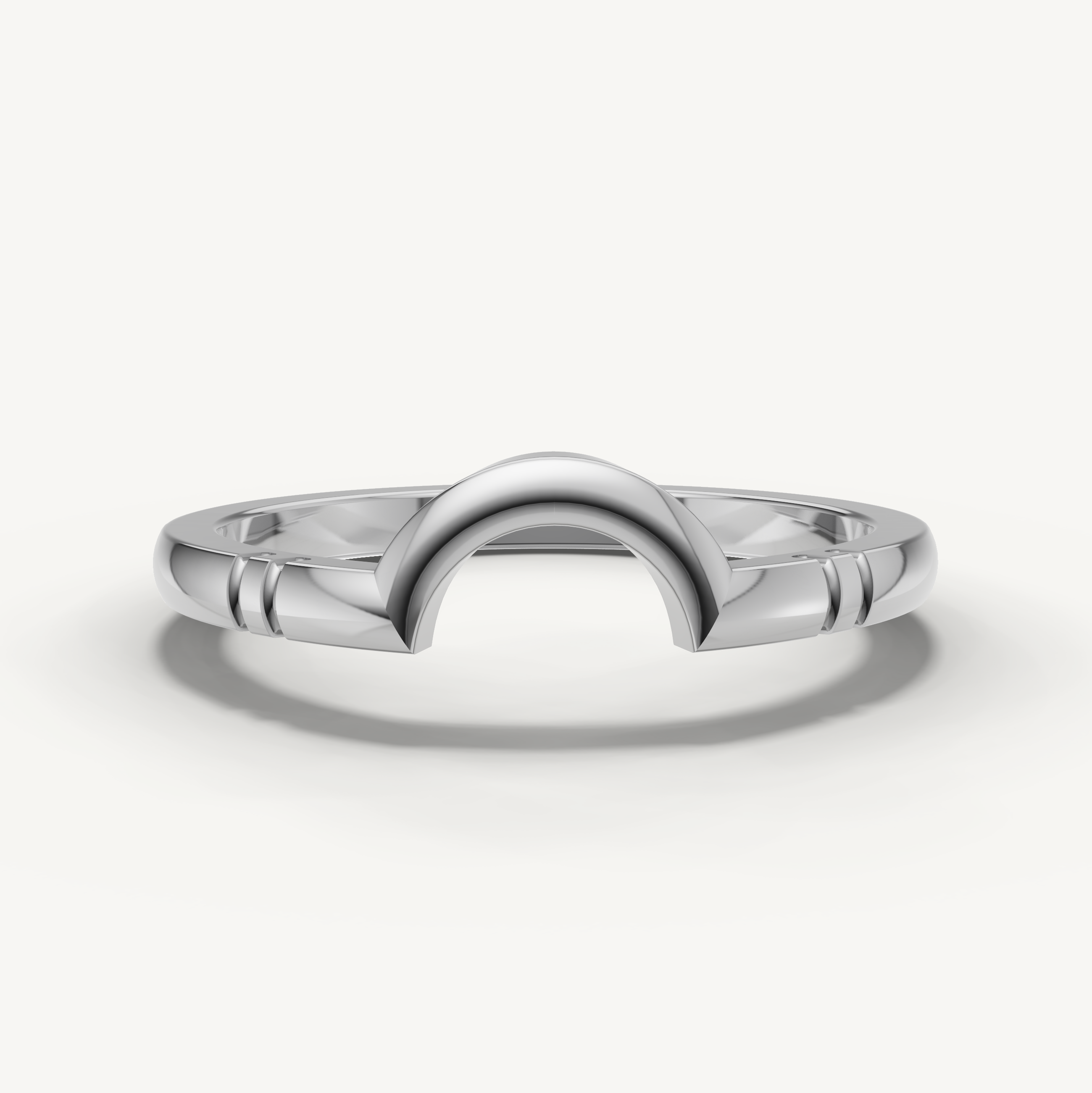 White gold minimalist wedding band ring featuring polished curved centerpiece