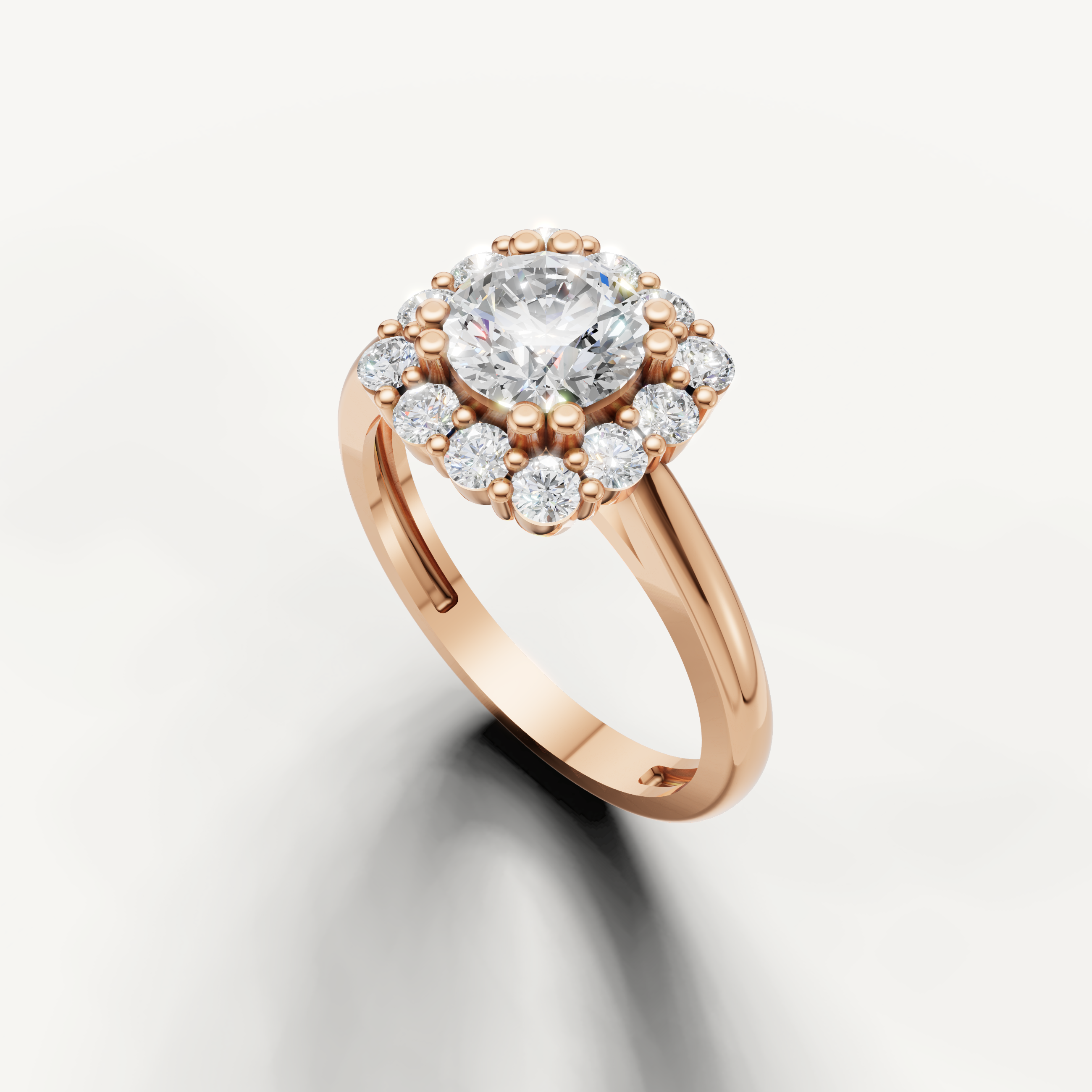 Raul Diamonds floral inspired round engagement ring in rose gold.