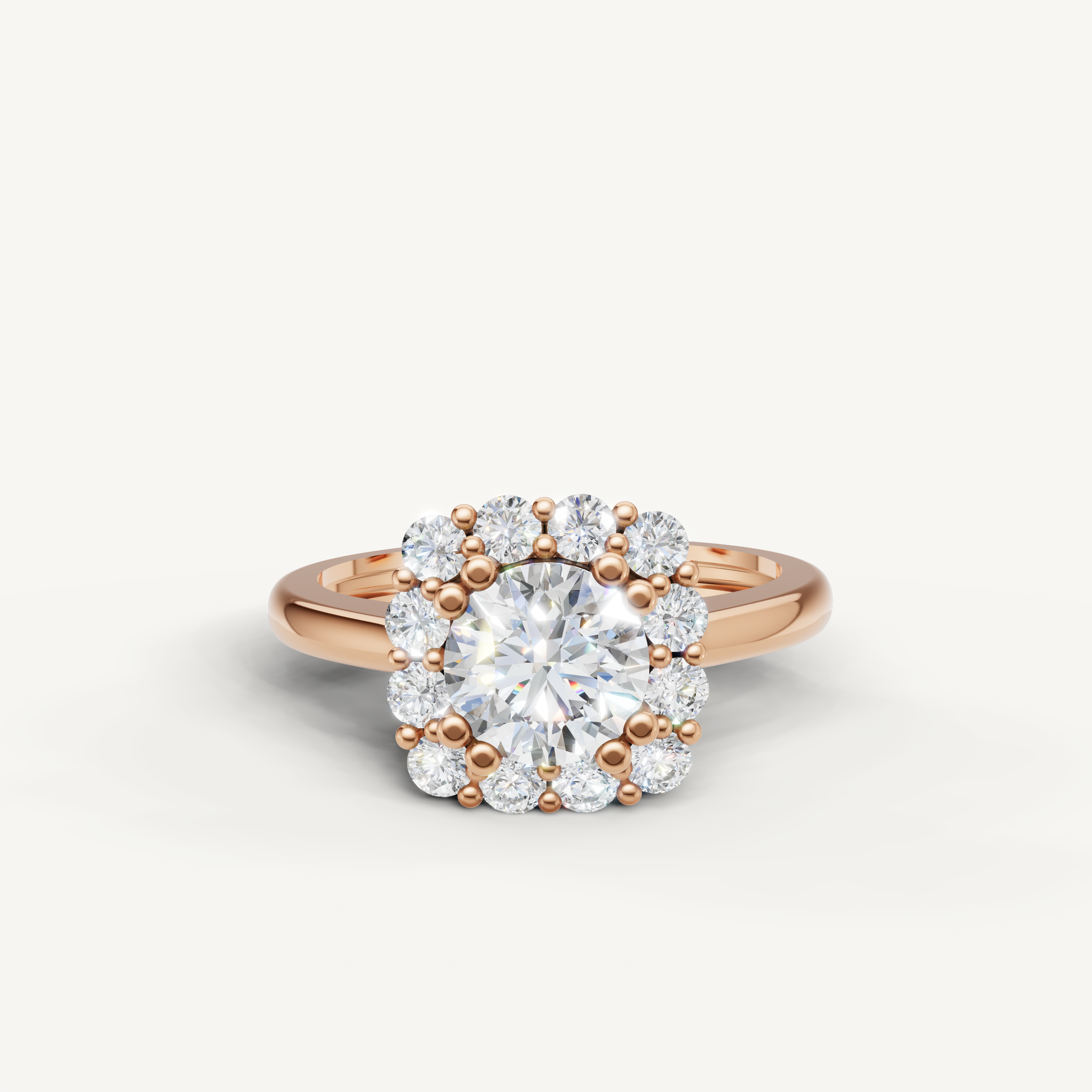 Raul Diamonds round halo engagement ring in rose gold with floral diamond accents.
