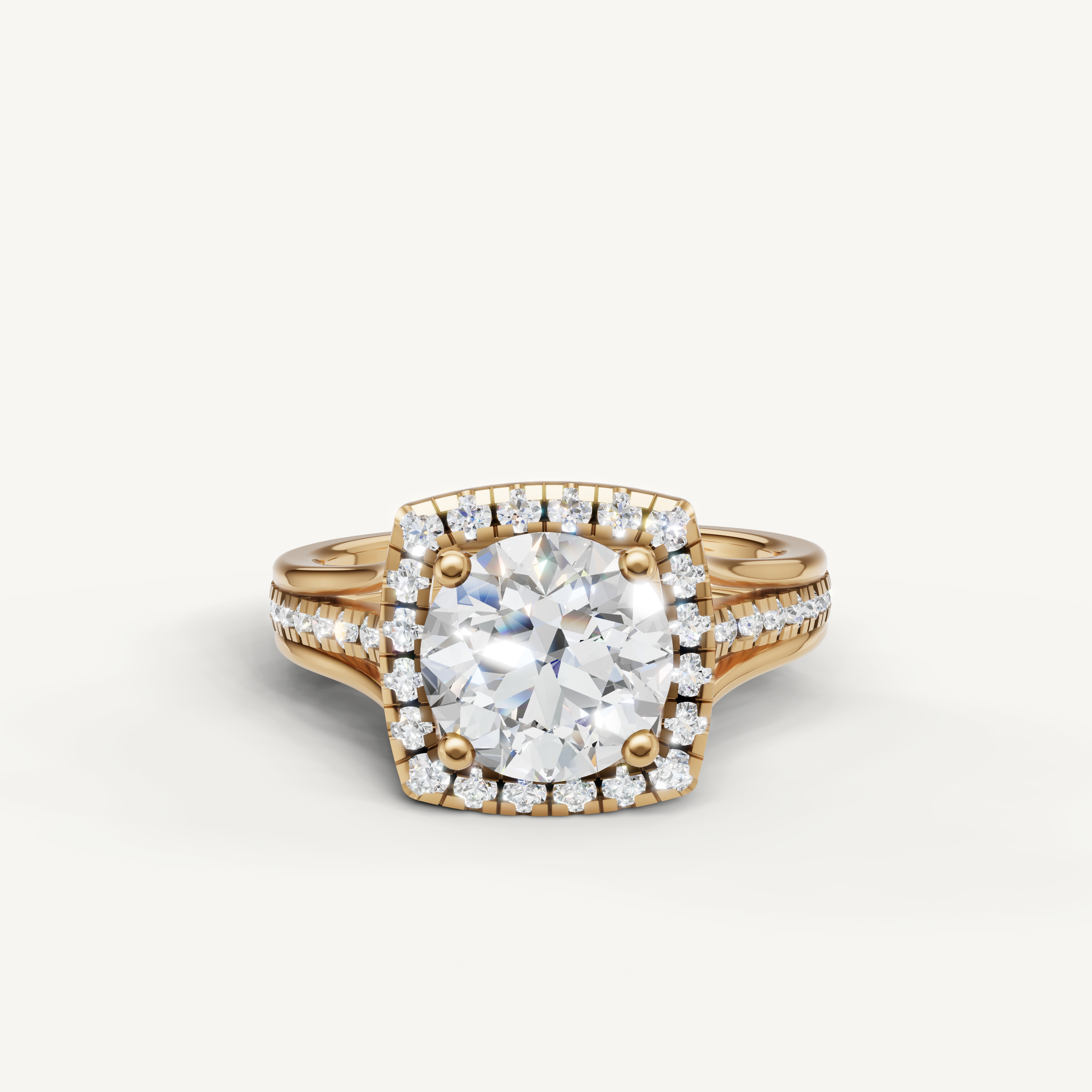 Raul Diamonds round halo engagement ring in yellow gold with pavé diamond band.
