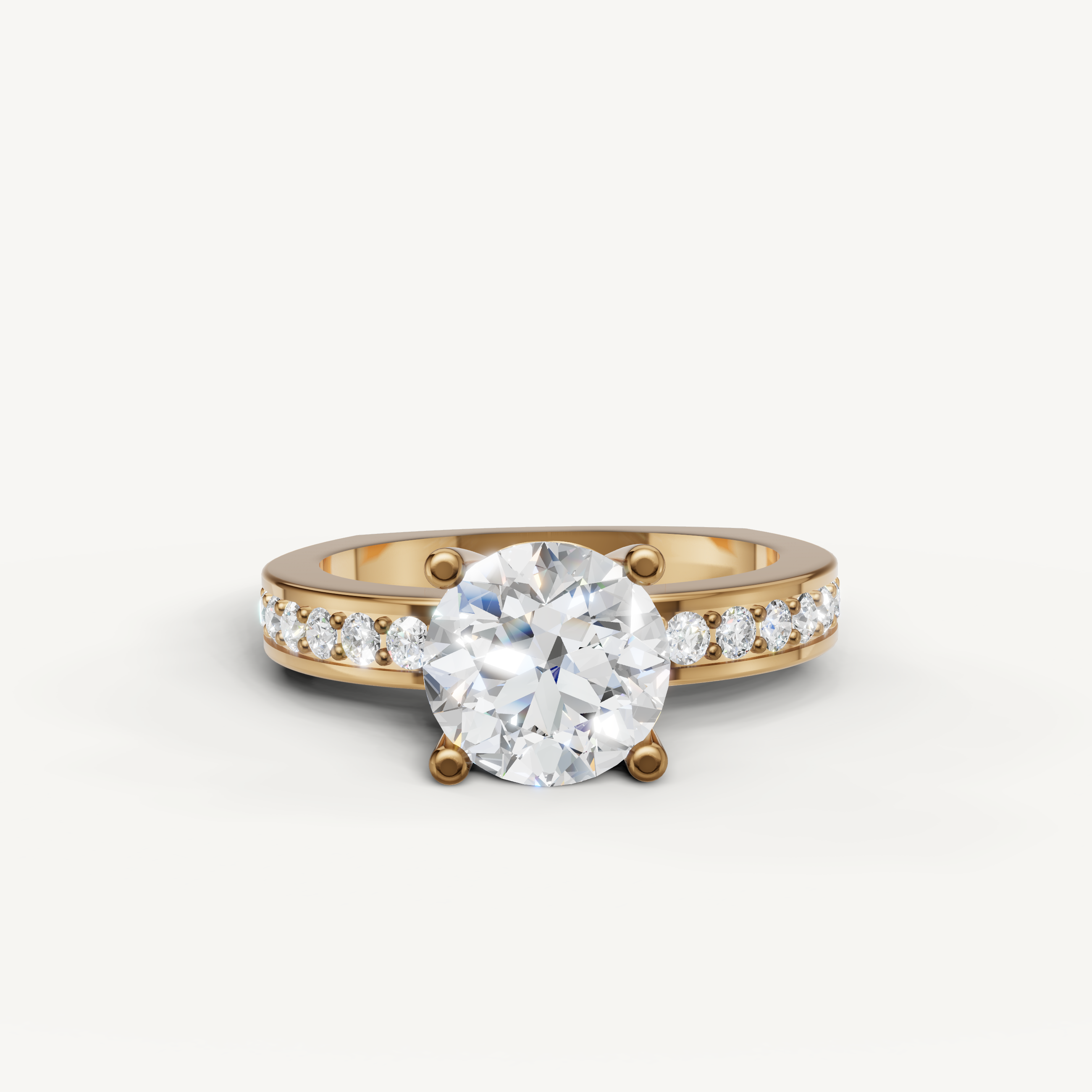 Raul Diamonds yellow gold round cut diamond engagement ring with pavé band