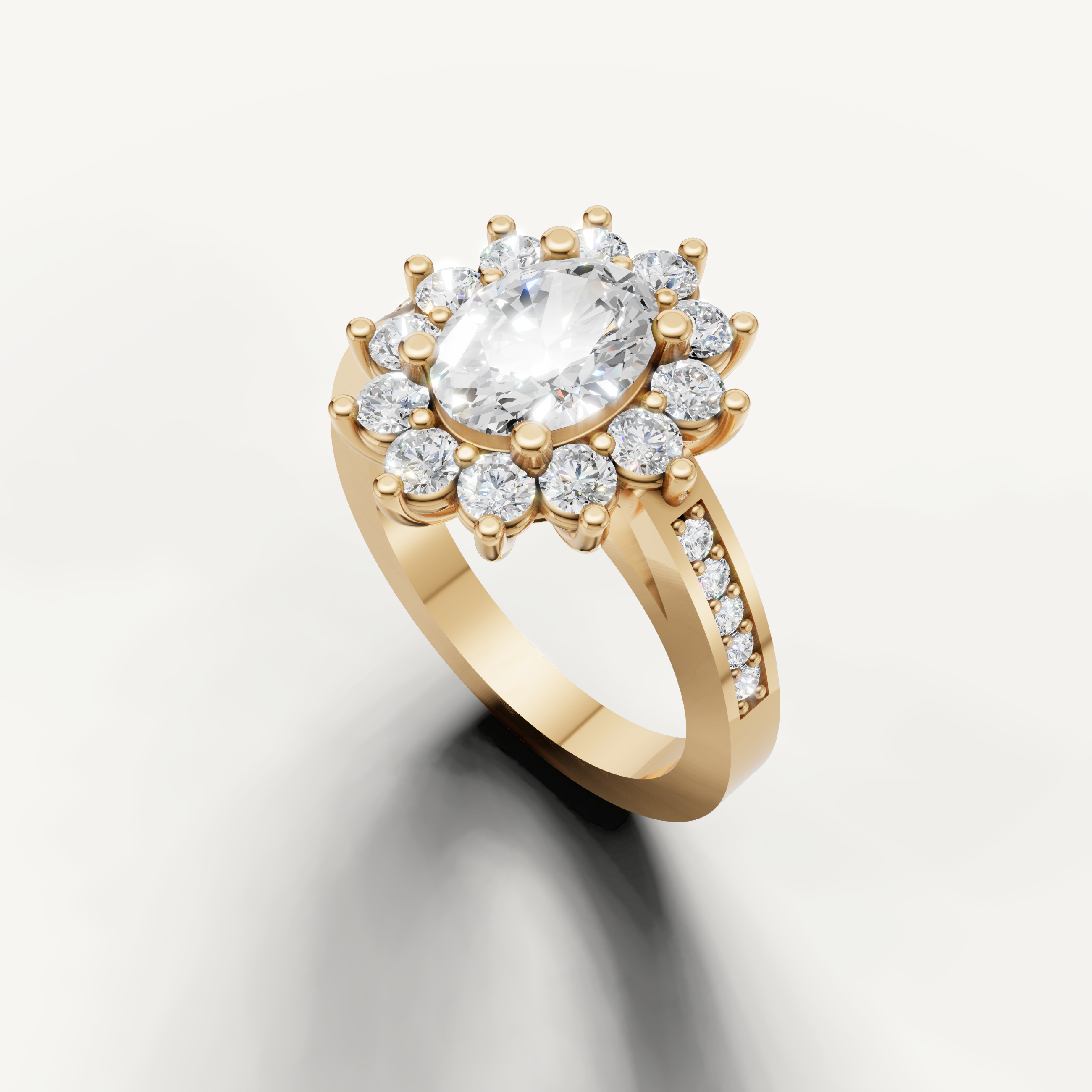 Luxury yellow gold oval engagement ring with floral halo diamonds