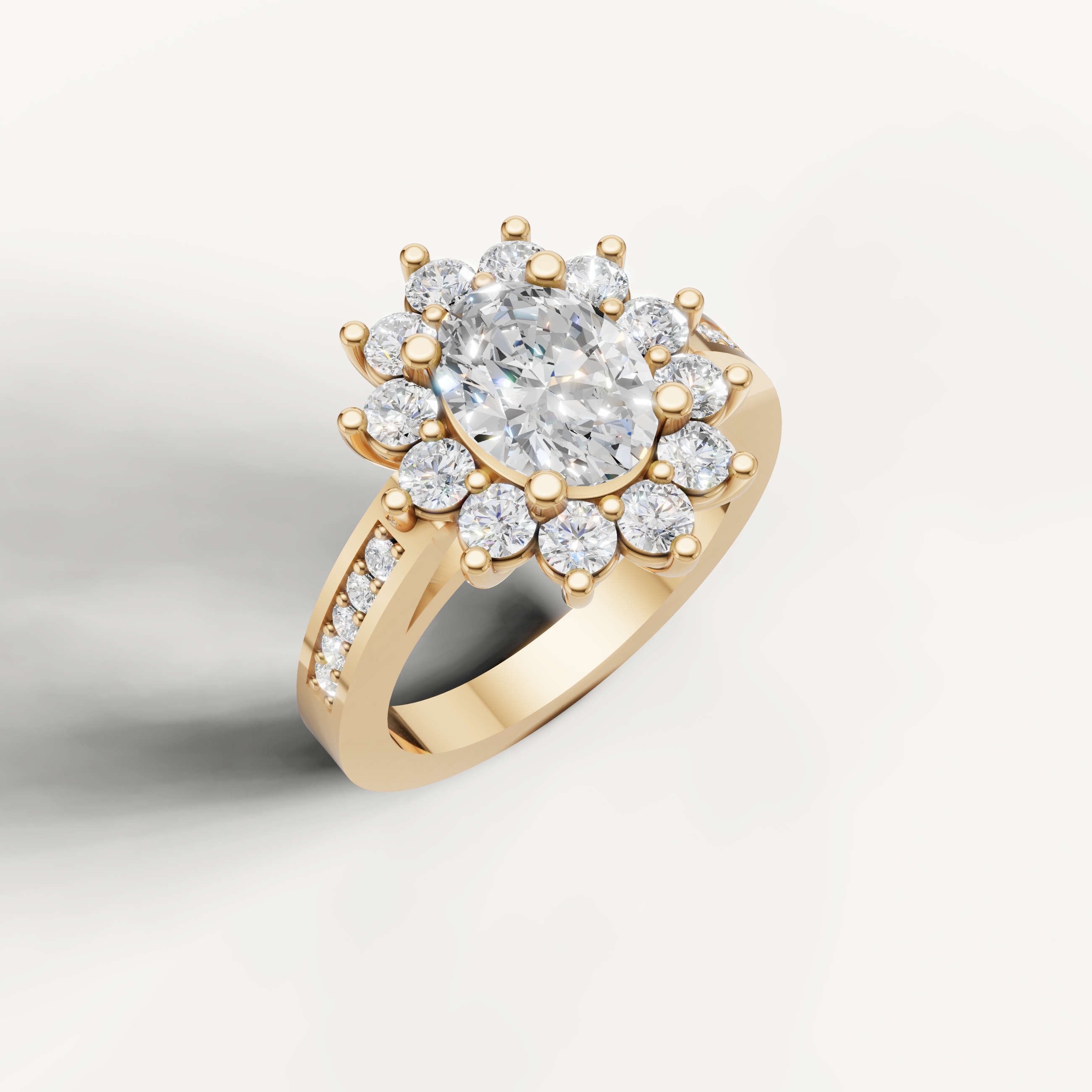 Oval cut diamond halo ring in yellow gold by Raul Diamonds