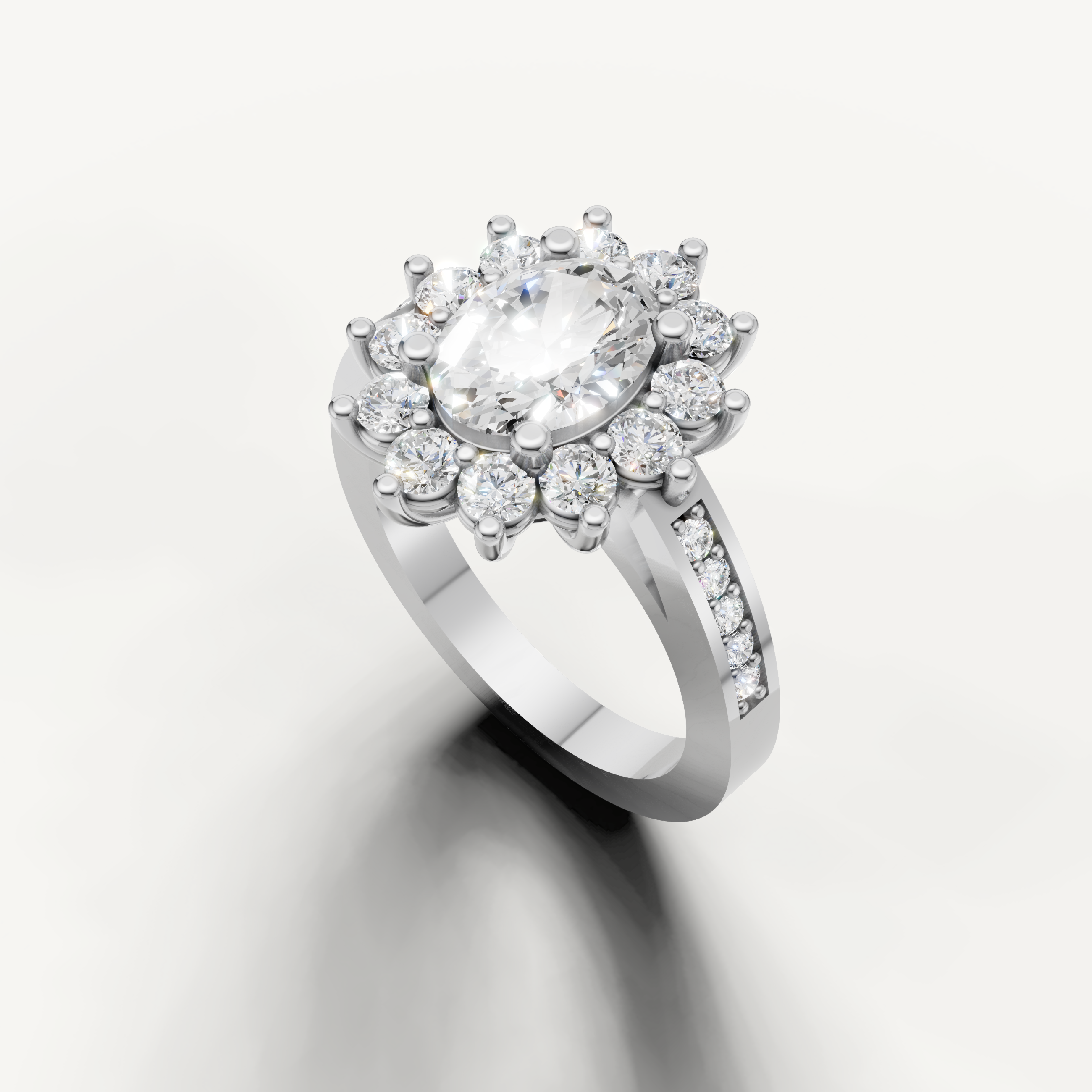 Luxury white gold oval engagement ring with floral halo setting