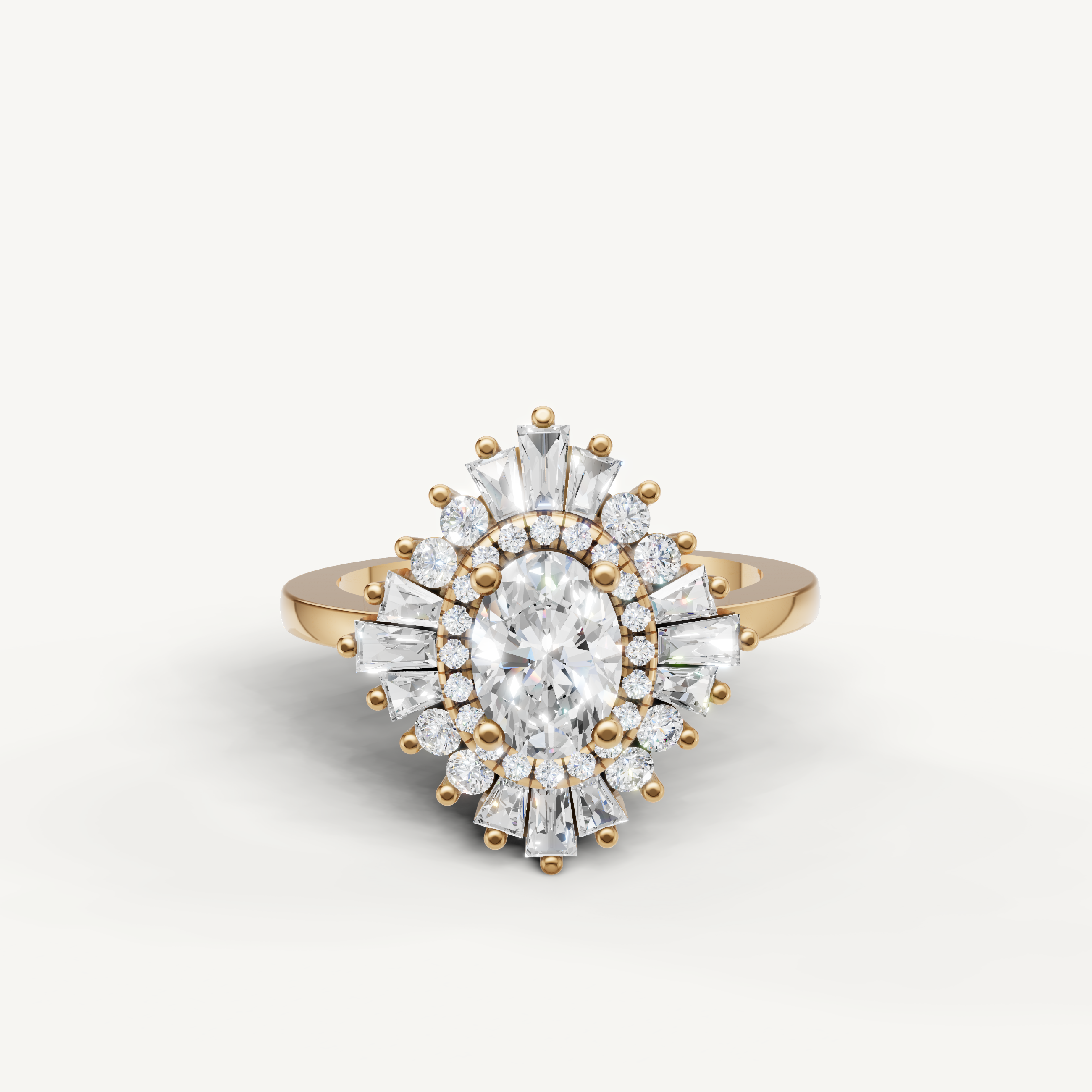 Raul Diamonds yellow gold oval diamond halo engagement ring with baguette accents