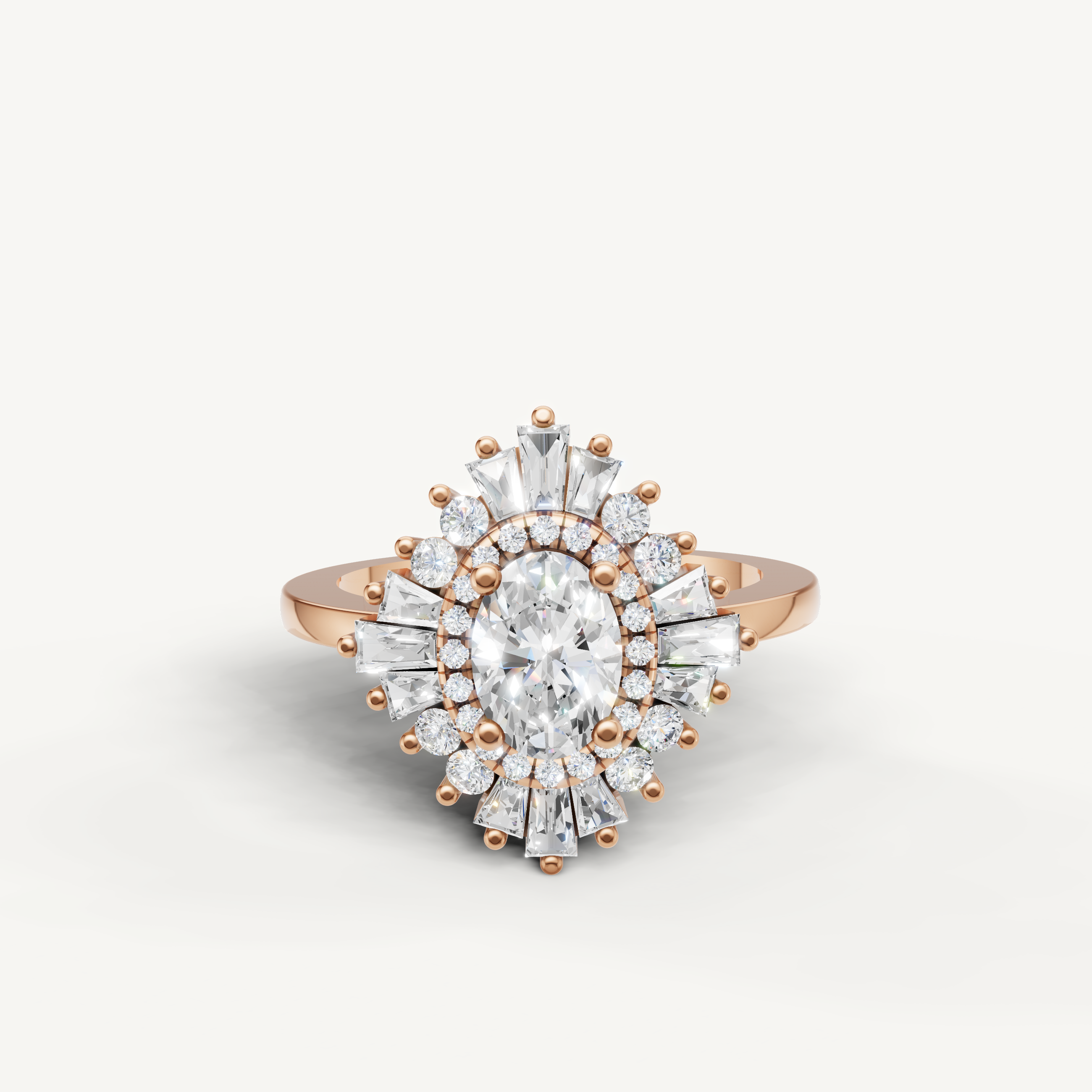 Raul Diamonds rose gold oval diamond halo ring with baguette side accents