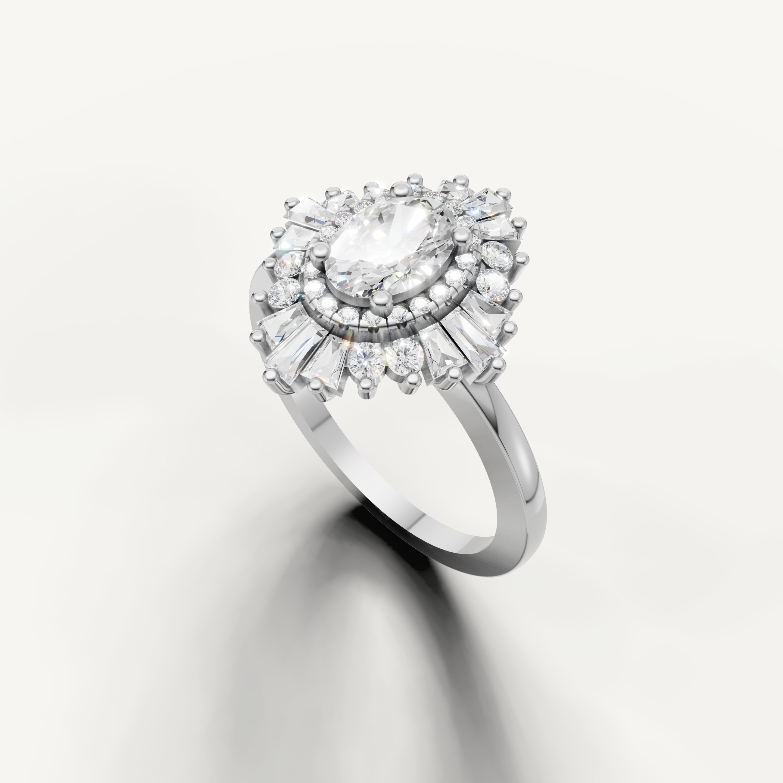 Luxury white gold oval engagement ring with vintage inspired halo