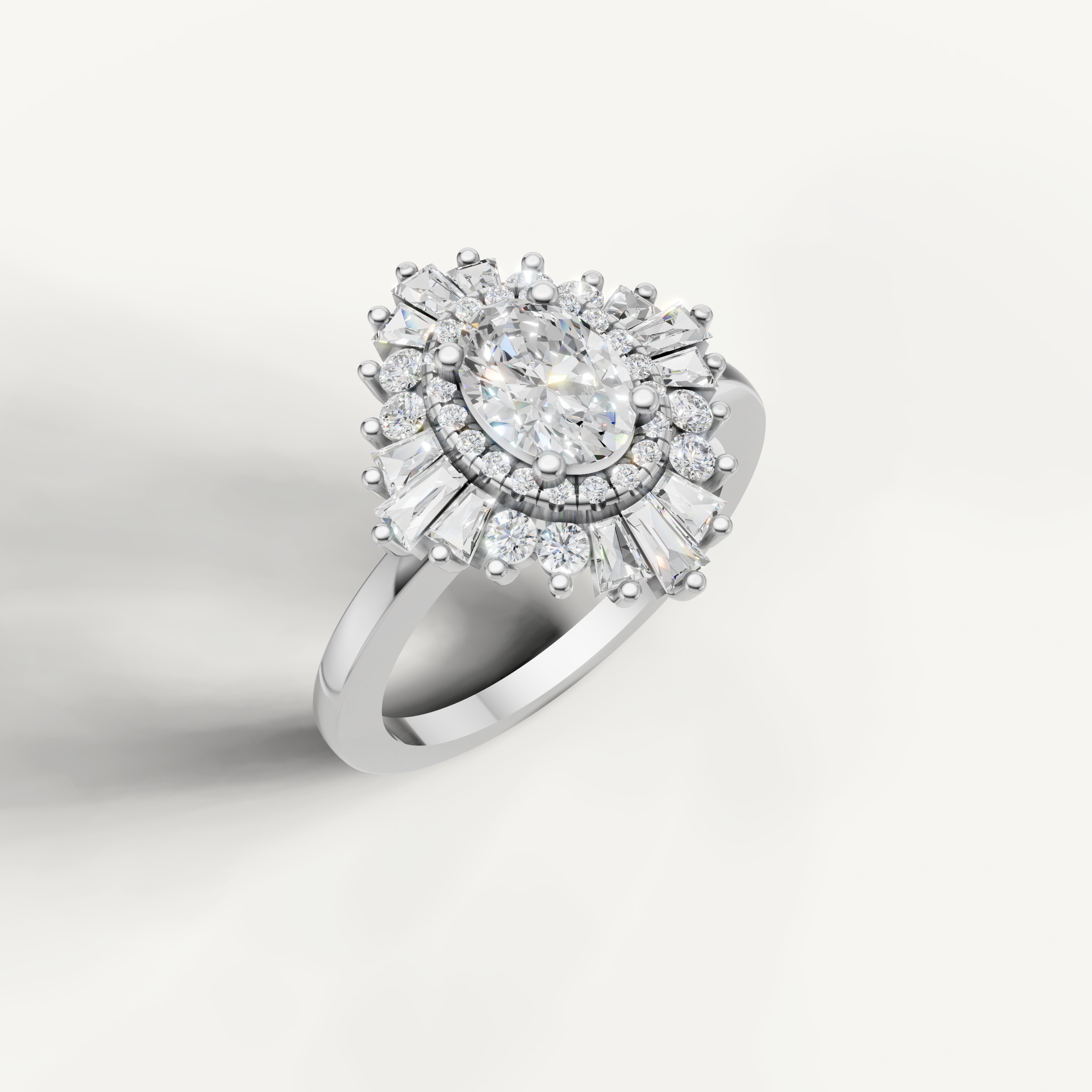 White gold oval cut halo ring with sparkling round and baguette diamonds