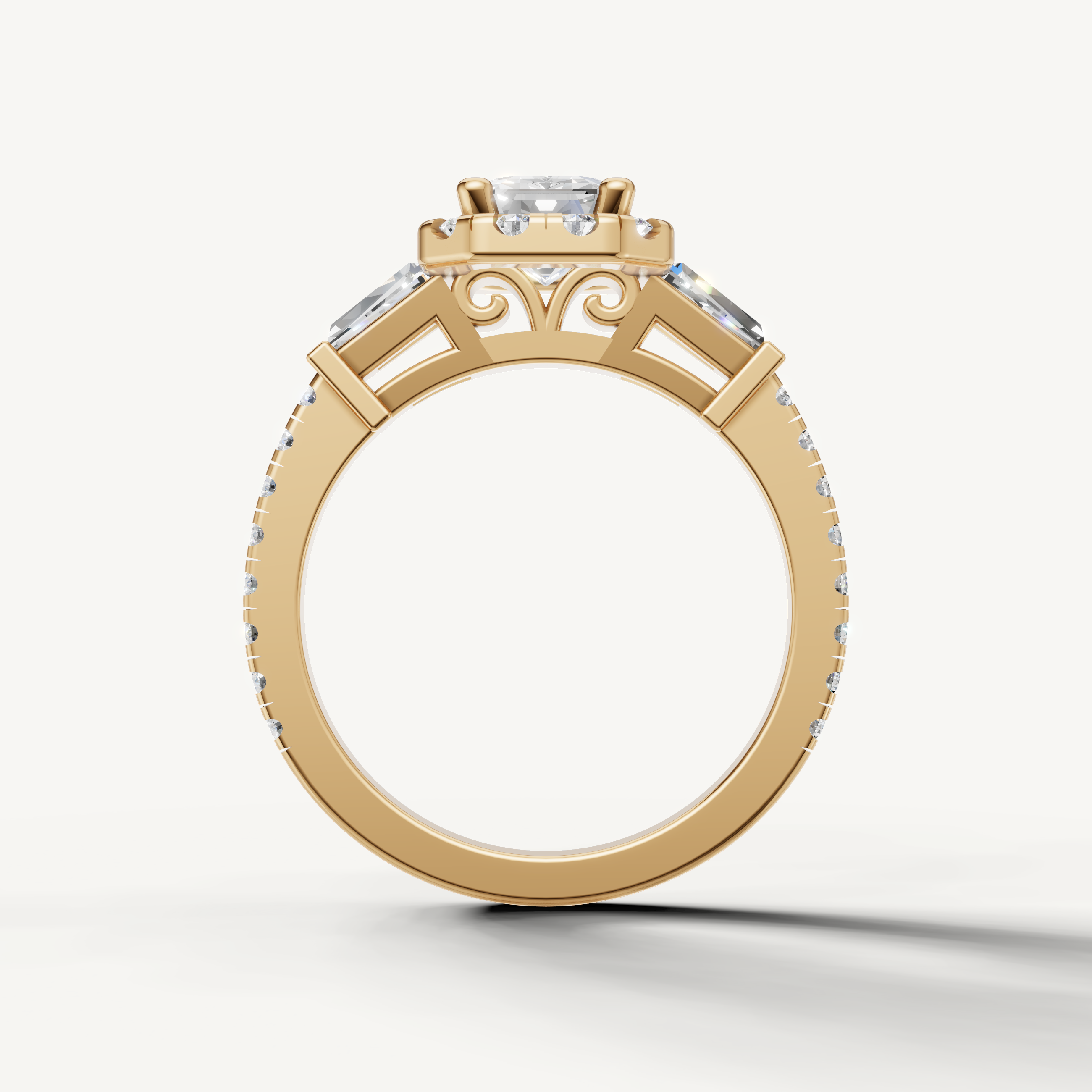 Elegant Emerald Halo Diamond Ring with Side Stones – Raul Diamonds