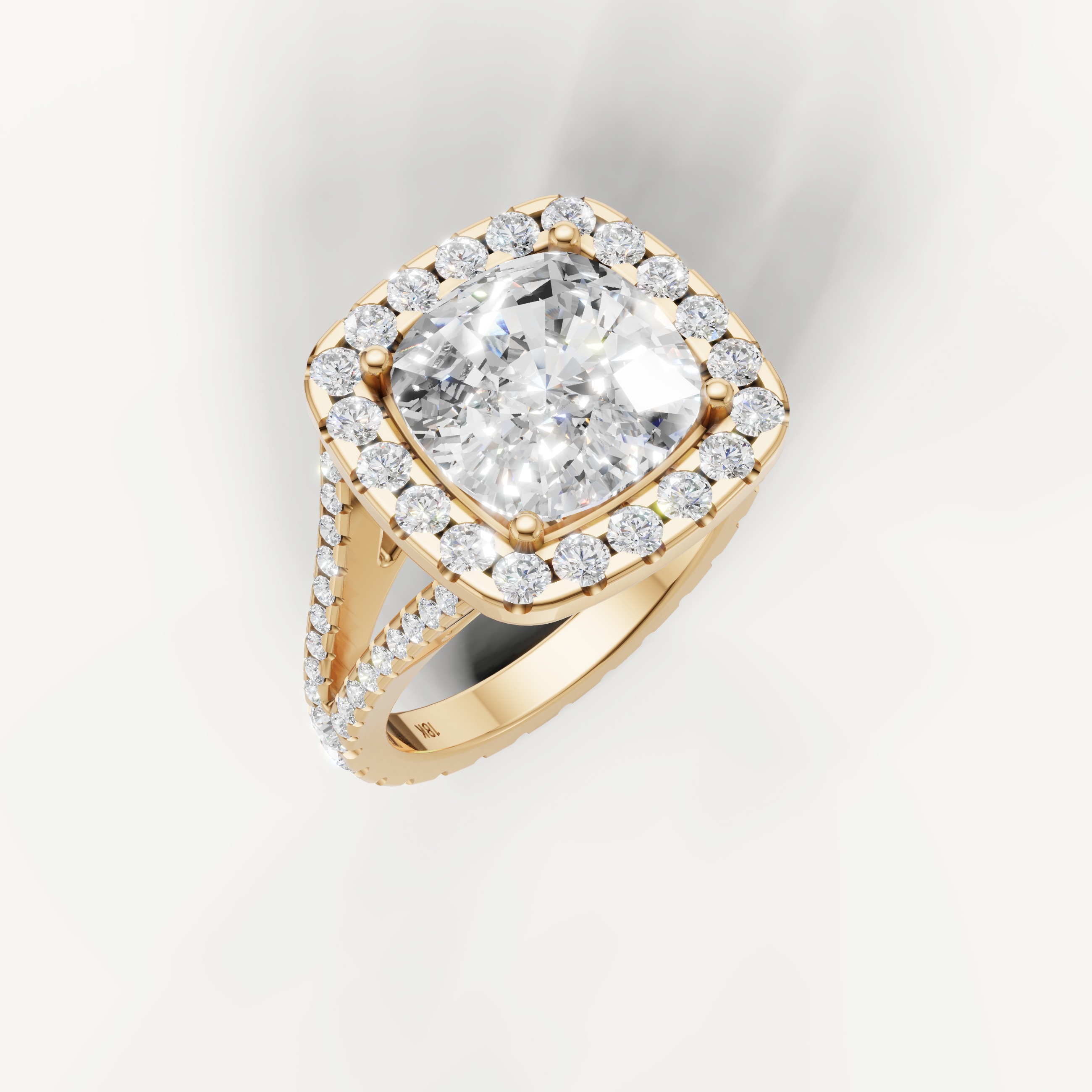 Yellow Gold Cushion Diamond Halo Ring with Split Shank by Raul Diamonds