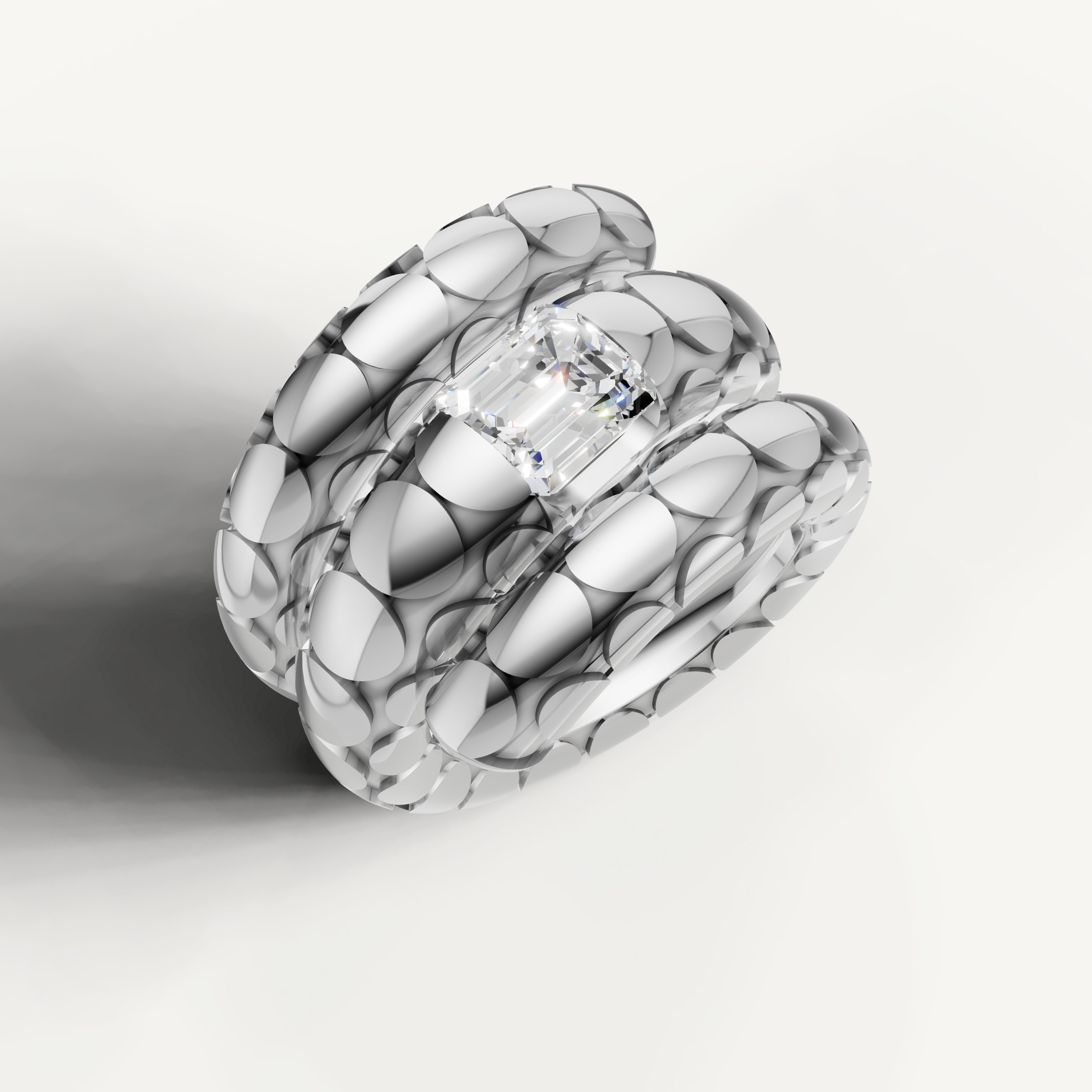 Modern White Gold Emerald Diamond Statement Ring