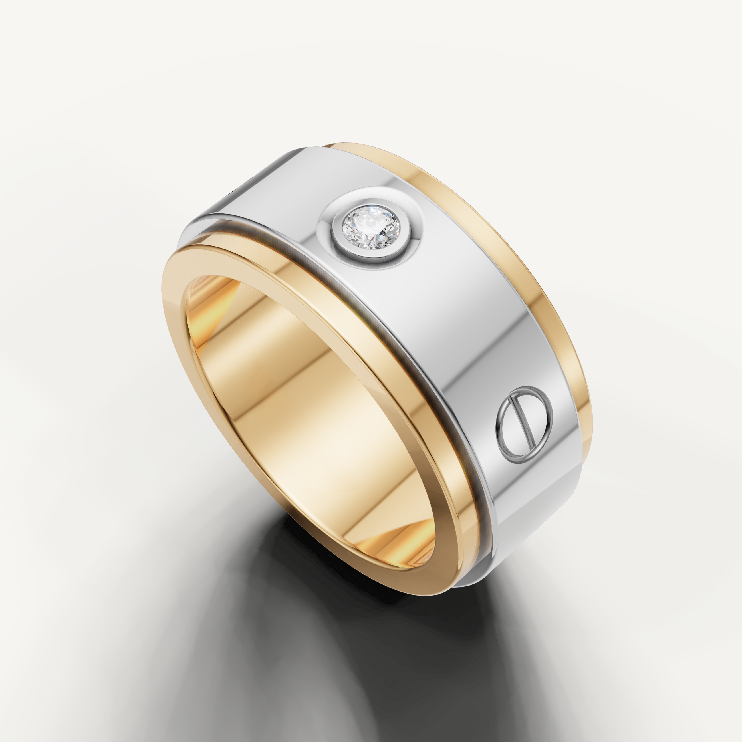 Modern yellow gold men’s wedding band with round diamond and screw accents
