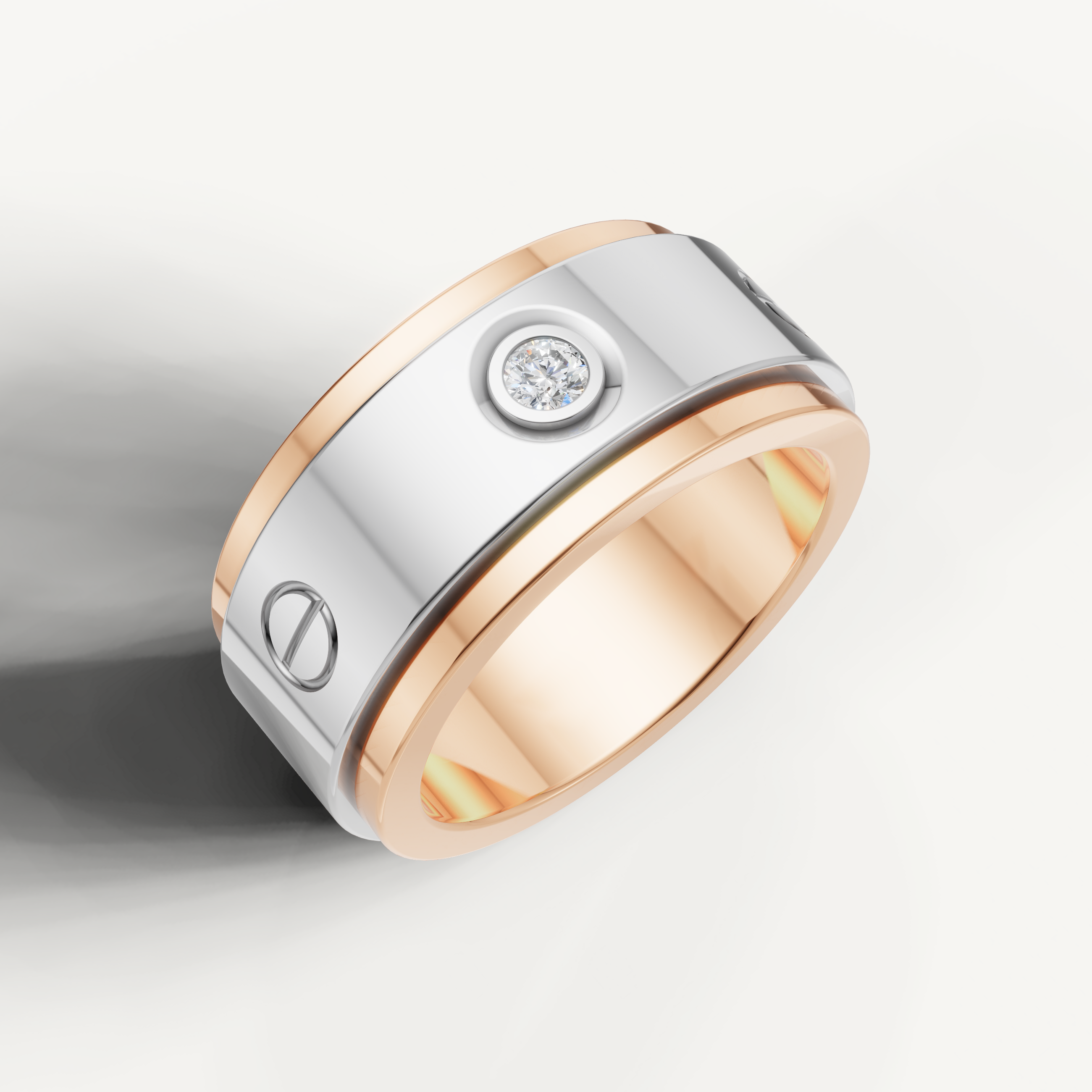 Modern rose gold and white gold wedding band featuring bezel set diamond