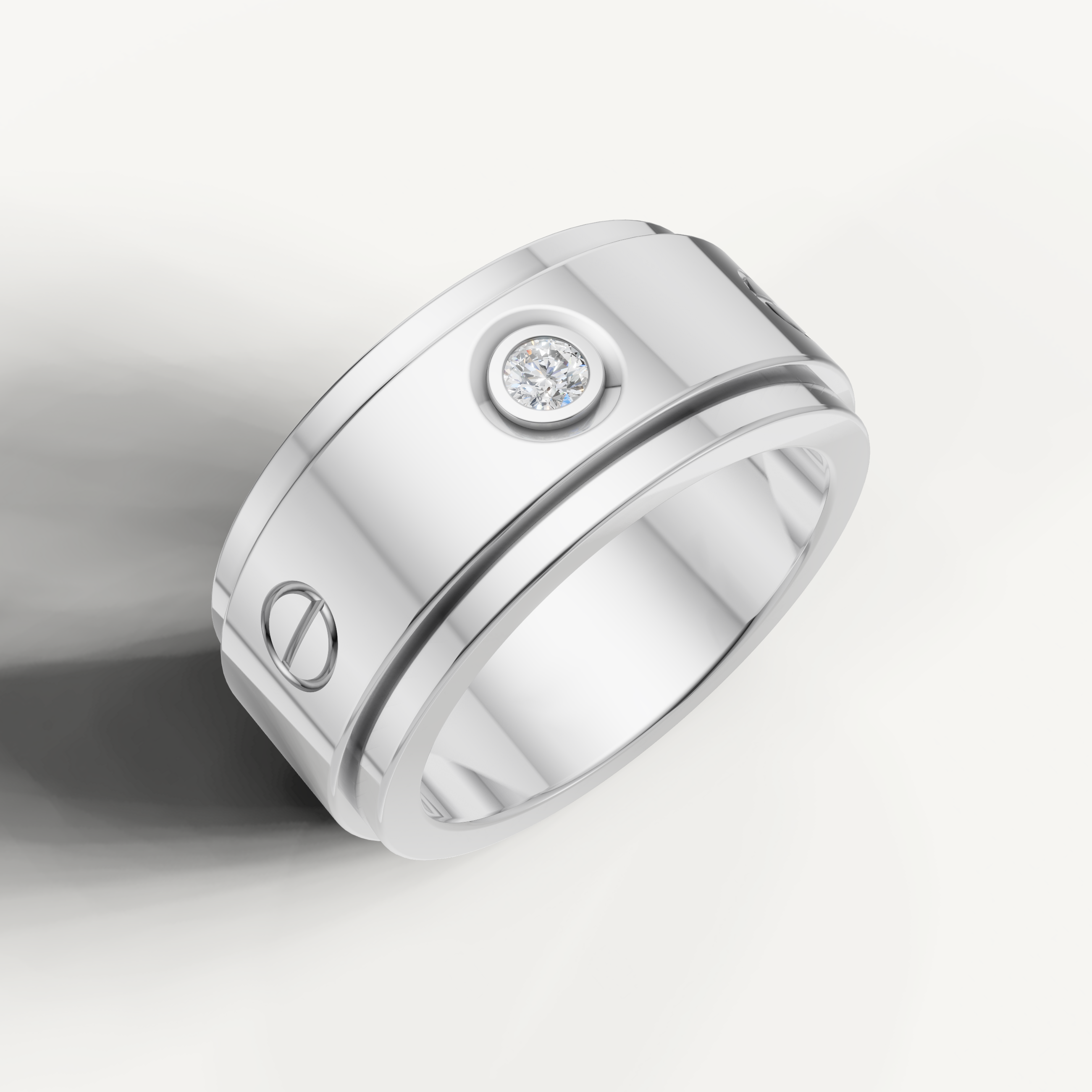 White gold luxury wedding band ring with bezel set round diamond accent