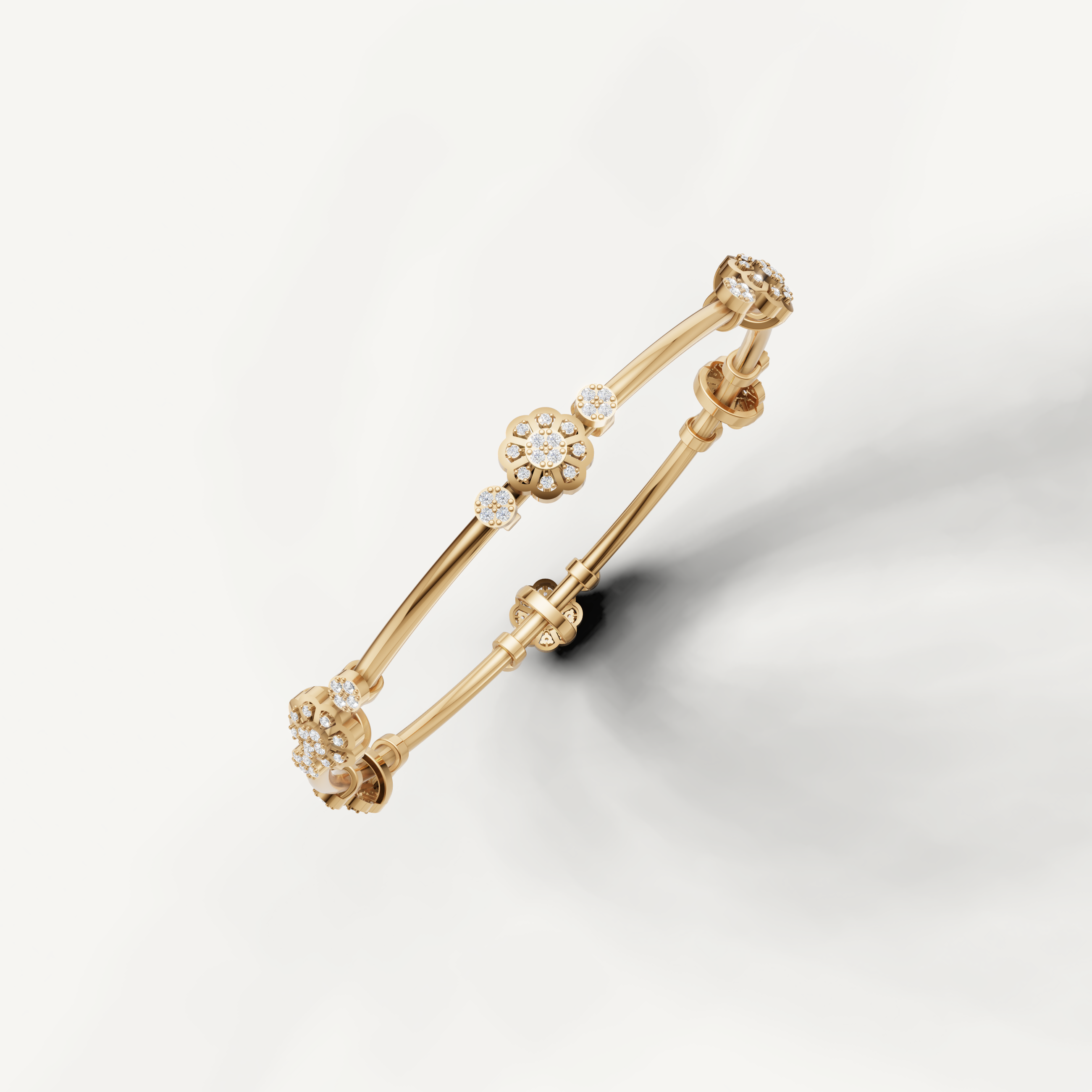 Elegant yellow gold open cuff diamond bracelet with floral motif