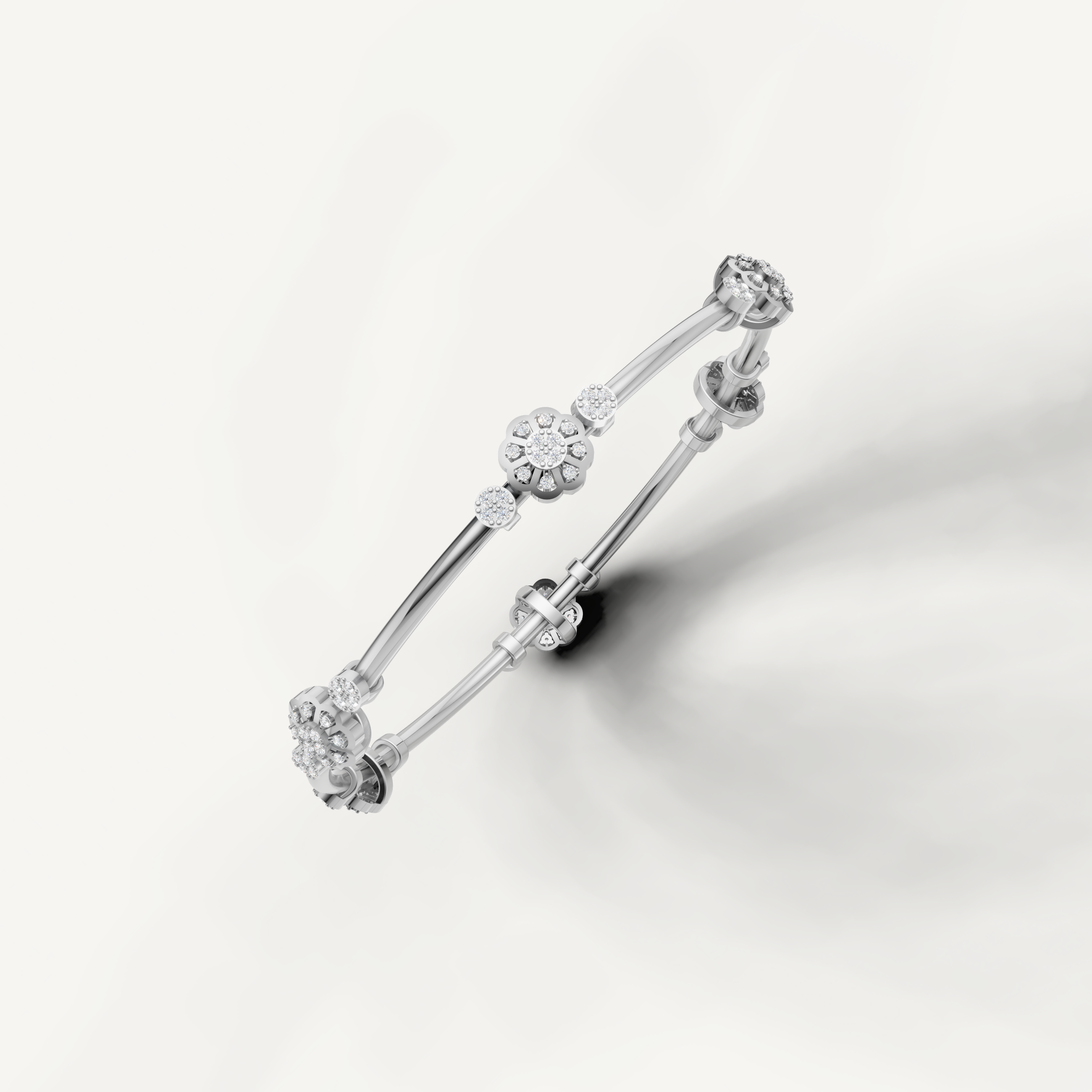 Elegant white gold open cuff diamond bracelet with sparkling floral details