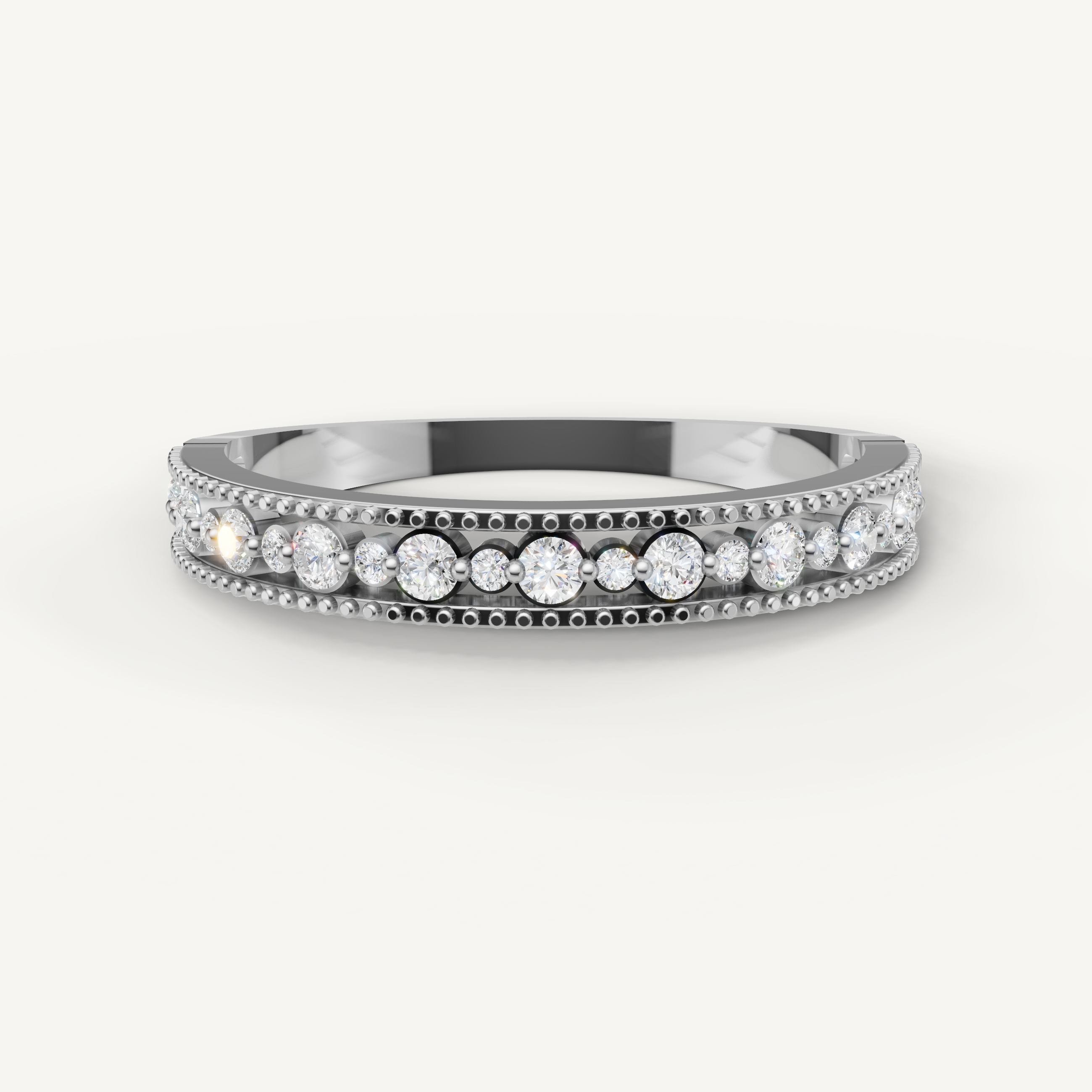 Elegant white gold diamond wedding ring with sparkling shared prong diamonds by Raul Diamonds