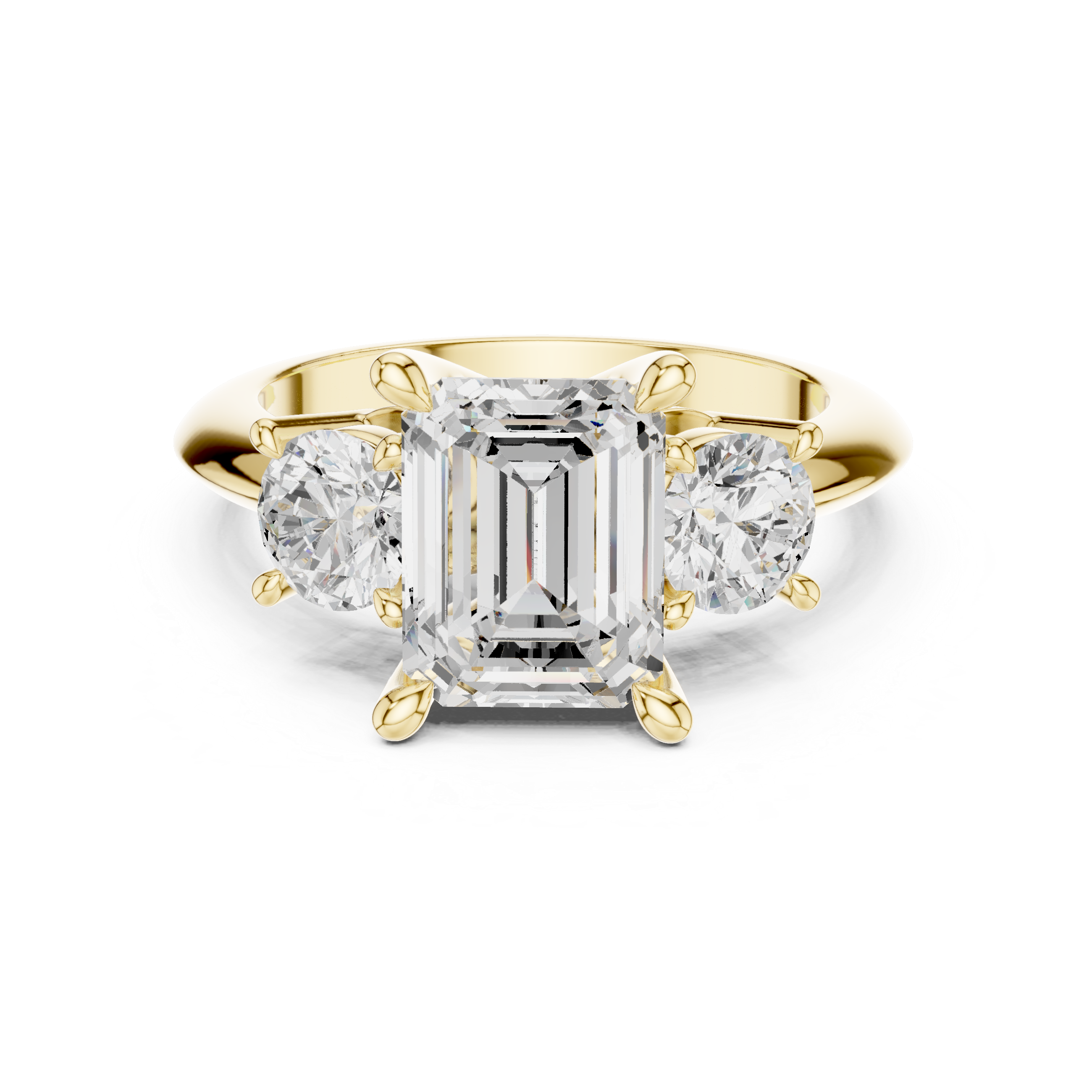 Emerald cut lab grown diamond three stone ring 14K gold