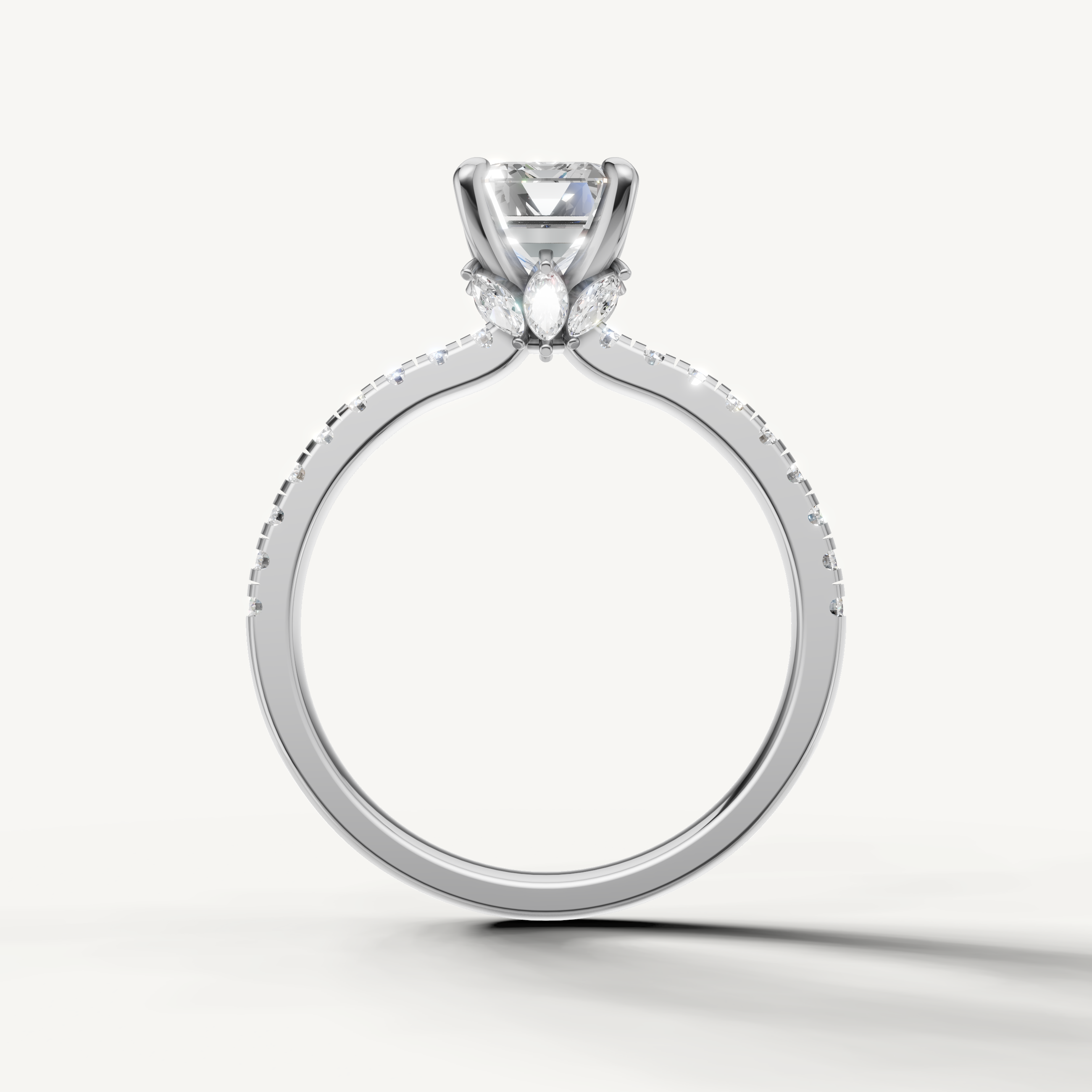 Emerald shape lab grown diamond ring with half pavé band white gold modern style