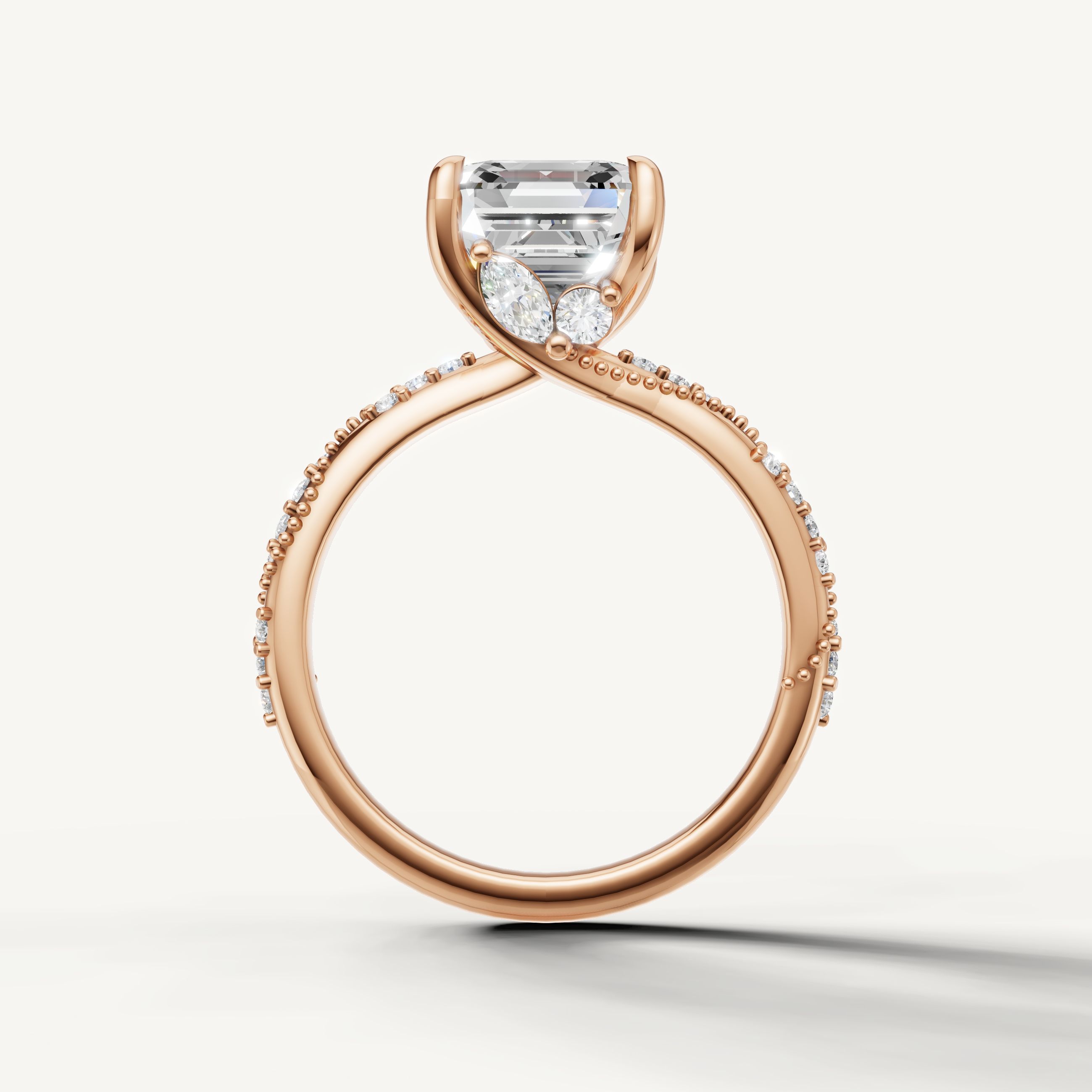 asscher cut lab grown diamond ring with elegant twisted shank pavé band rose gold