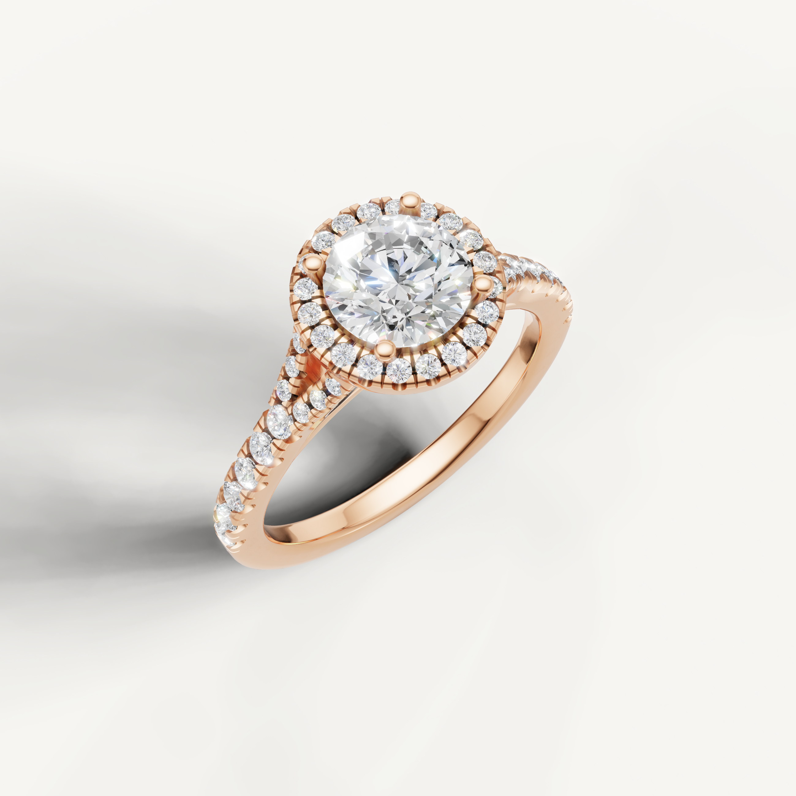 IGI certified round lab diamond halo ring with pavé band rose gold DEF VVS