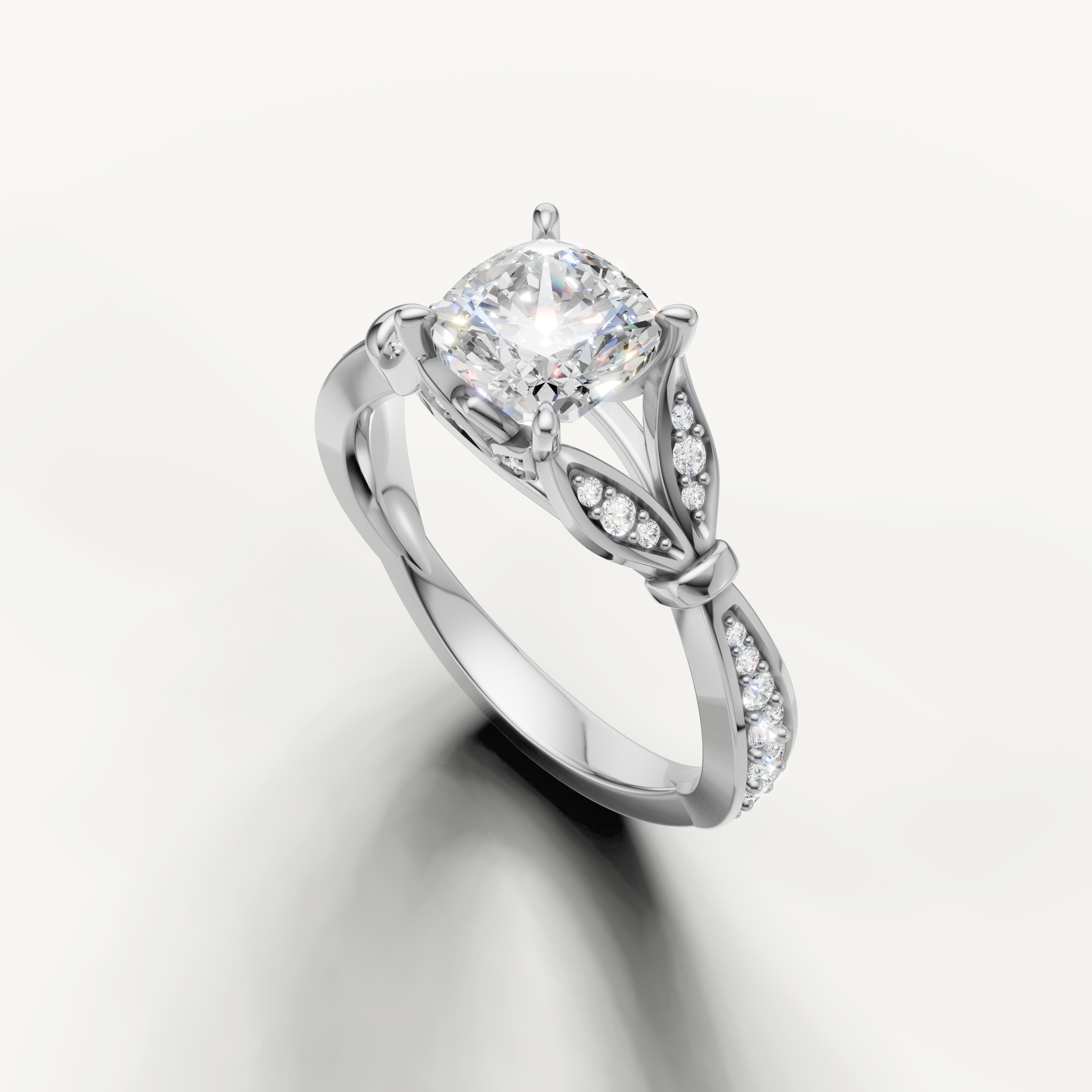 14K white gold cushion cut engagement ring featuring a brilliant lab grown diamond center stone by Raul Diamonds