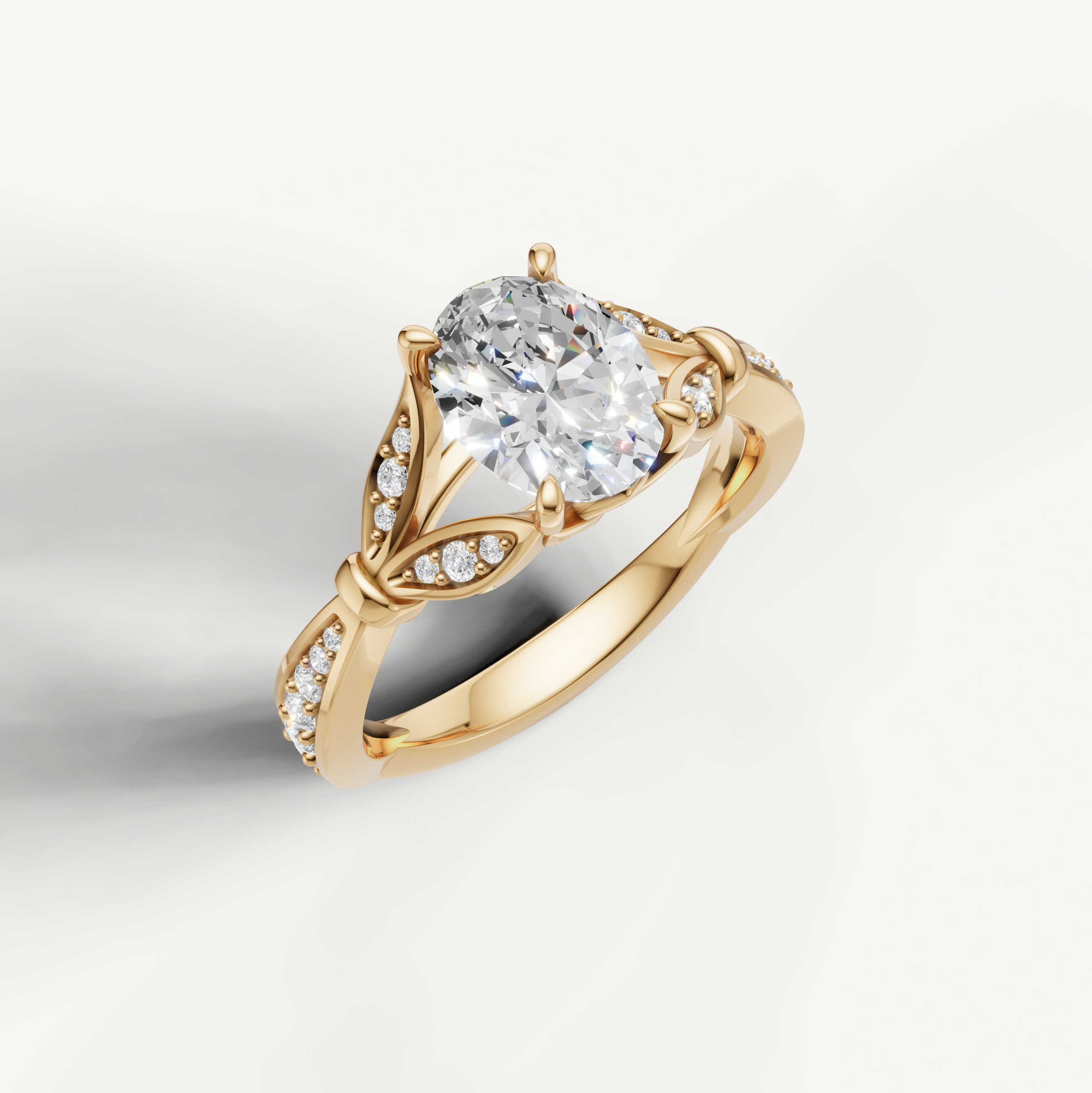 Elegant yellow gold oval cut lab grown diamond ring with intricate pavé accents by Raul Diamonds