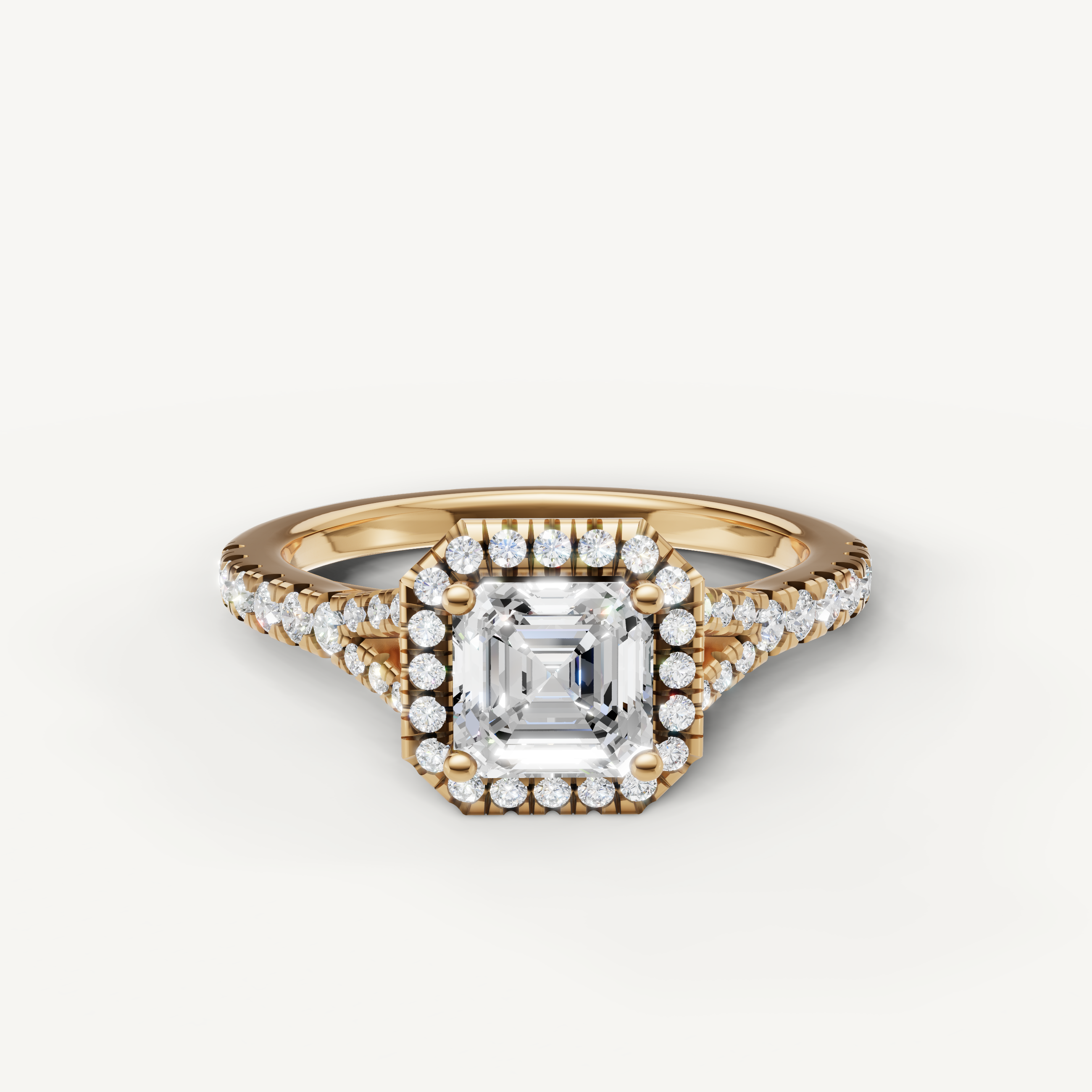 Asscher cut halo pavé lab grown diamond engagement ring in 14K yellow gold