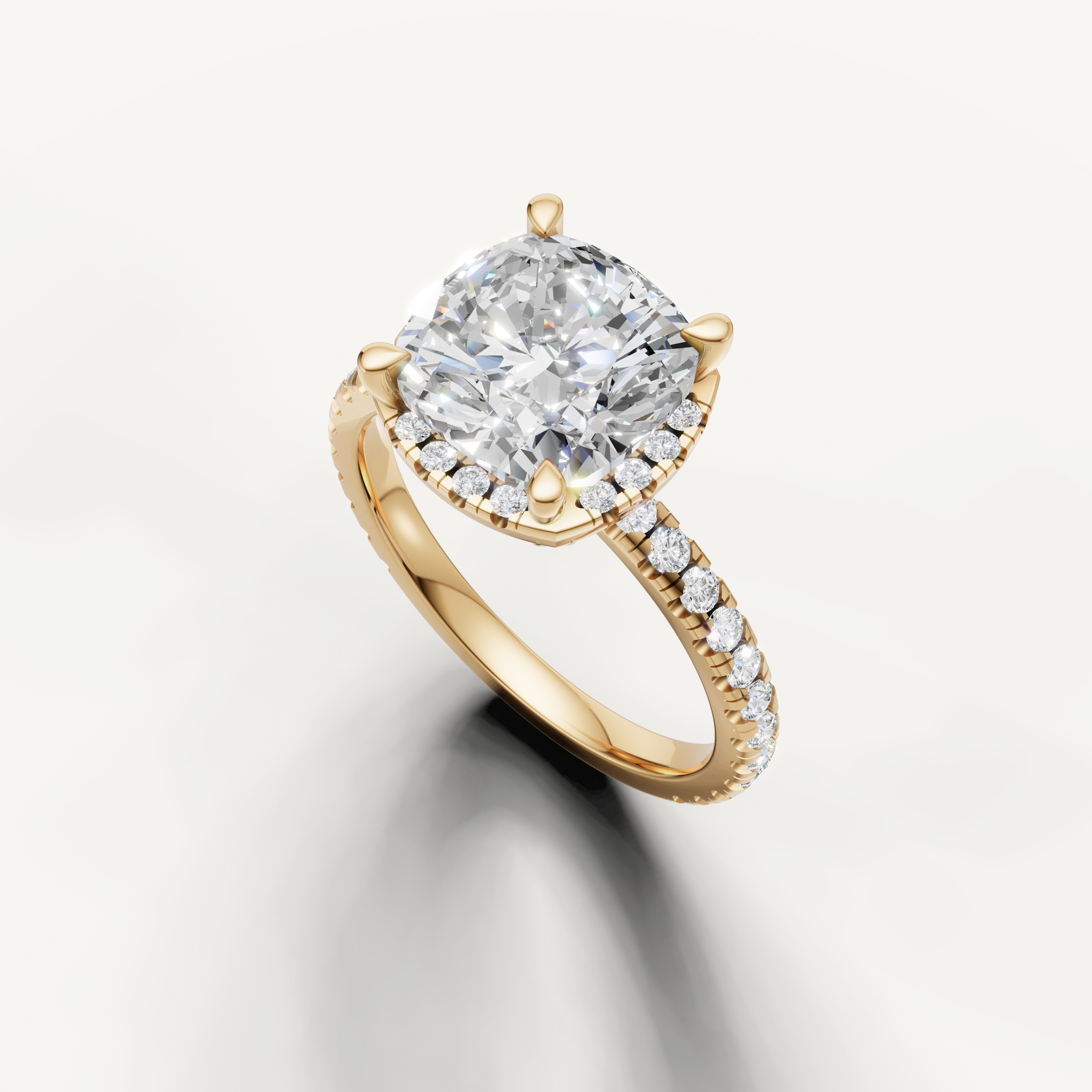 IGI certified cushion cut lab diamond ring with pavé diamonds yellow gold elegant setting