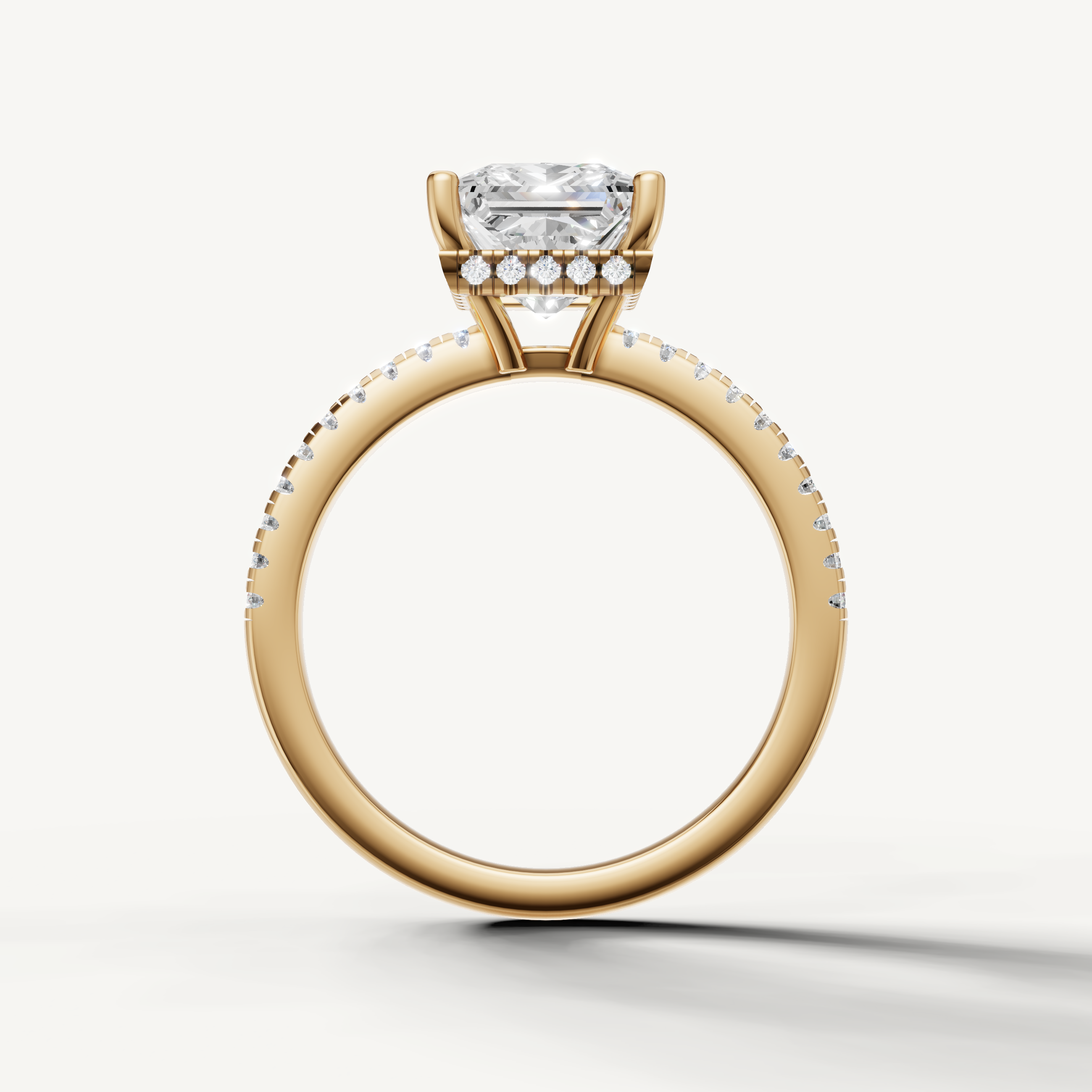 modern princess cut lab grown diamond ring with micro pavé setting in yellow gold