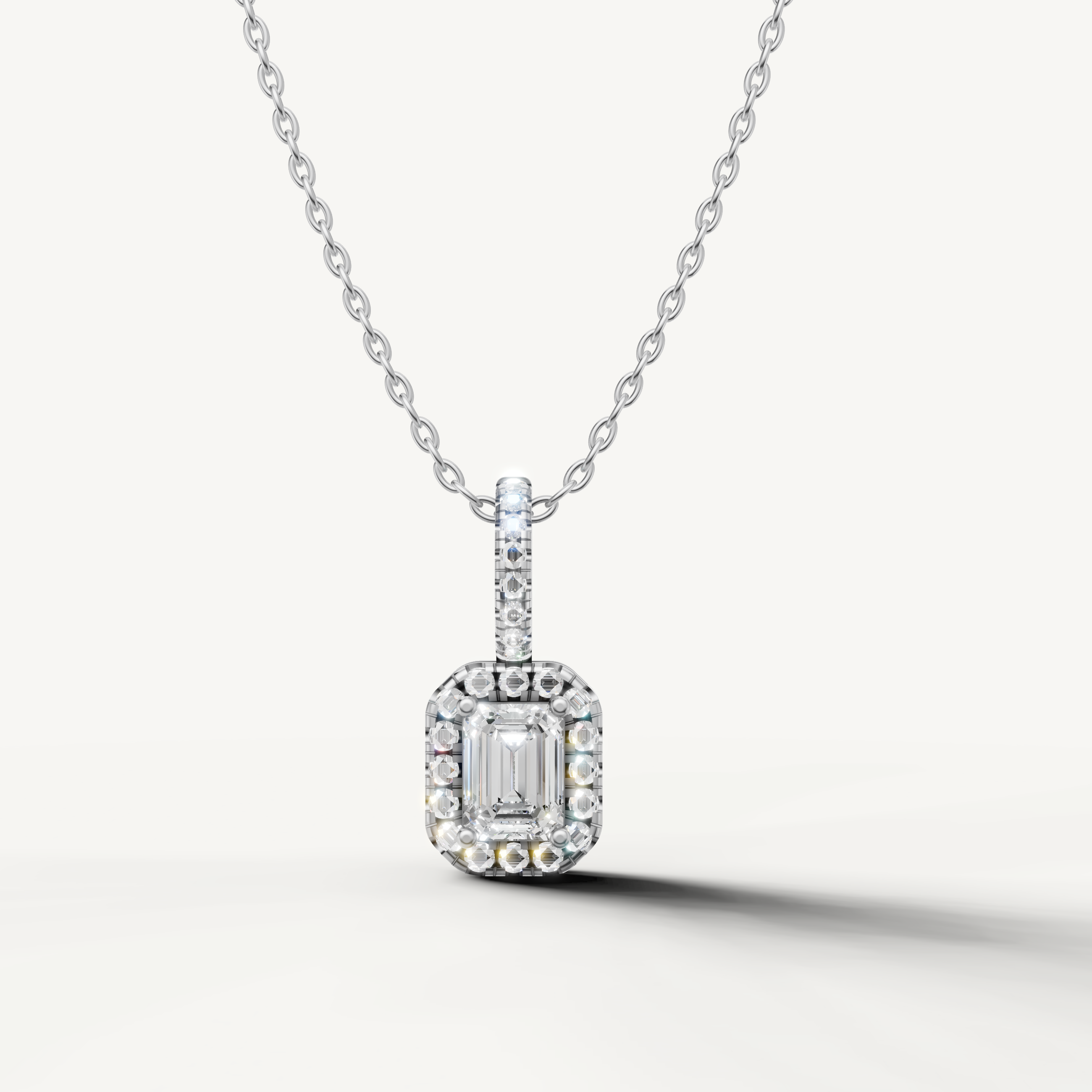 Emerald Cut Lab Grown Diamond Halo Pendant Necklace in 14K White Gold by Raul Diamonds