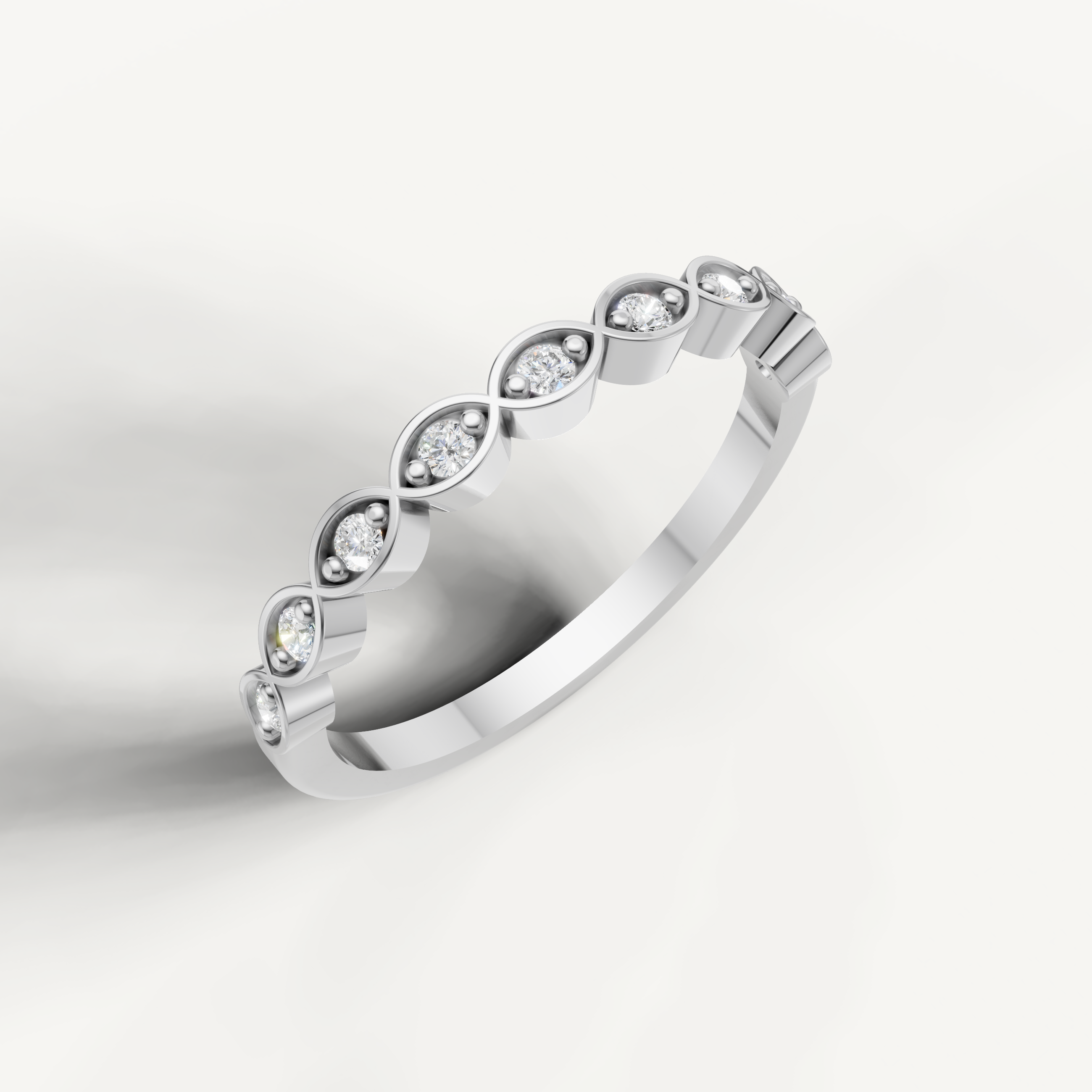 White gold diamond eternity wedding band with vintage infinity motif and sparkling stones