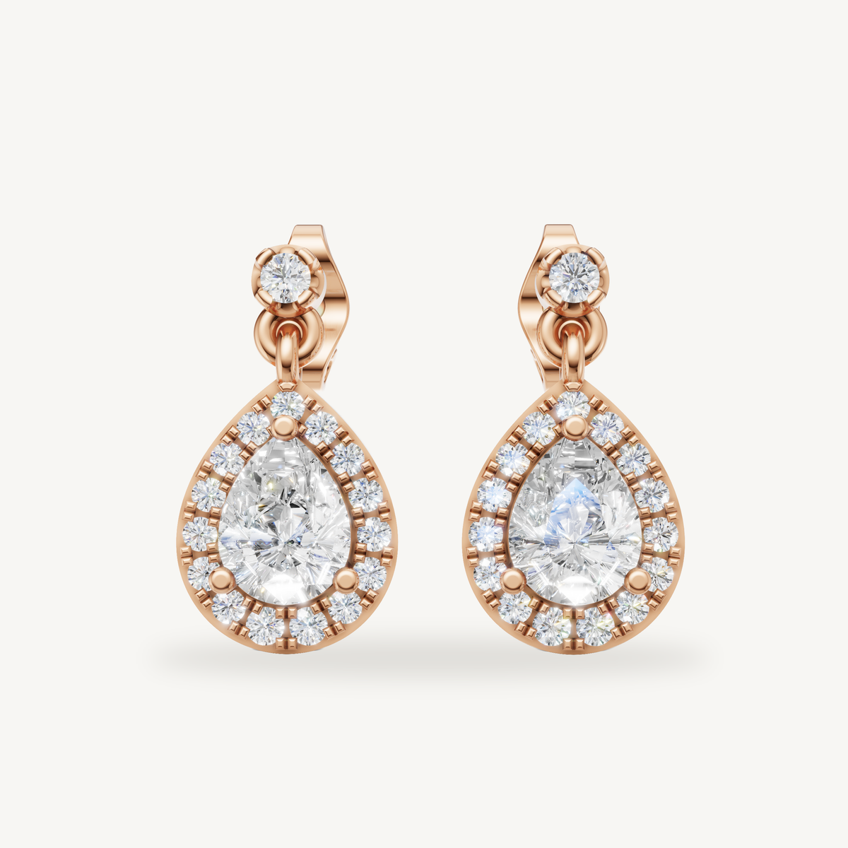 Raul Diamonds rose gold pear shape halo diamond drop earrings with luxurious brilliance