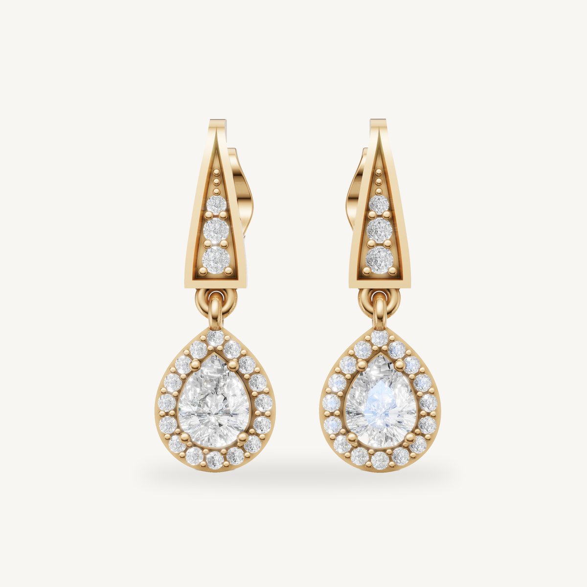 Raul Diamonds yellow gold pear shape diamond drop earrings with halo brilliance