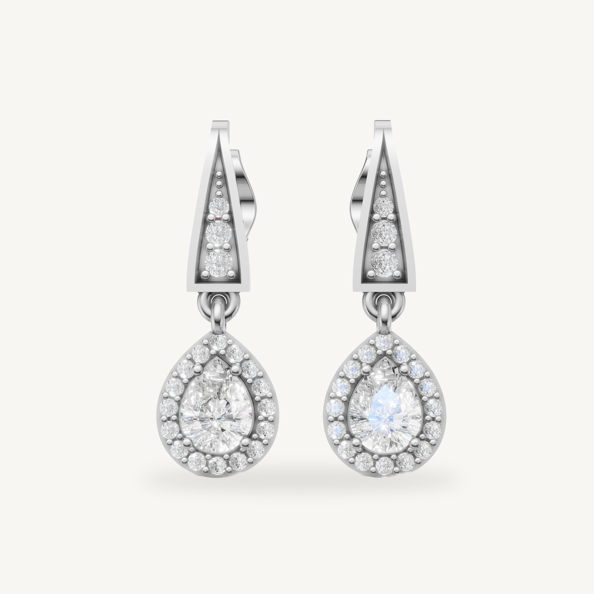 Raul Diamonds white gold pear shape halo diamond drop earrings with brilliant sparkle