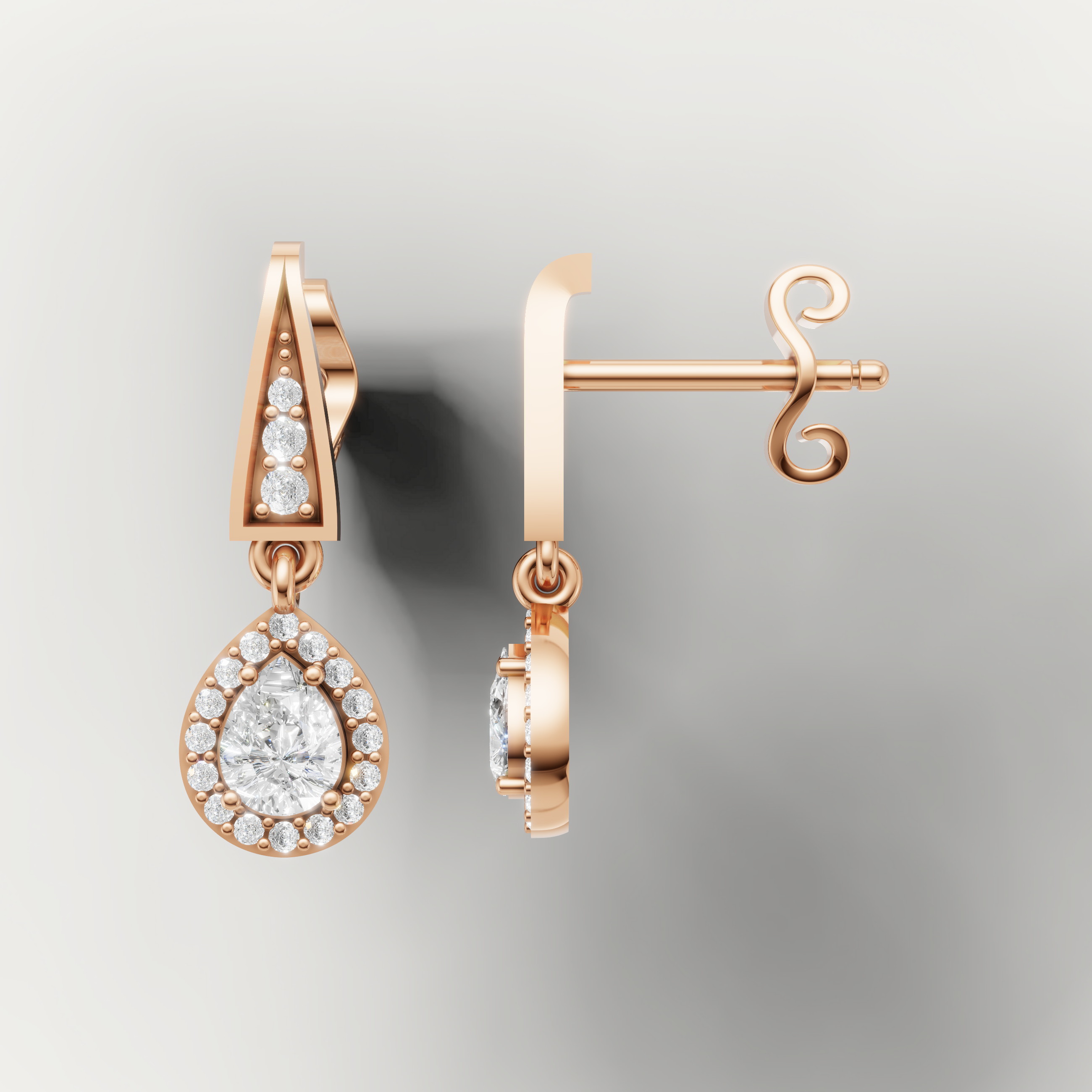 Rose gold teardrop halo diamond earrings by Raul Diamonds with luxury sparkle