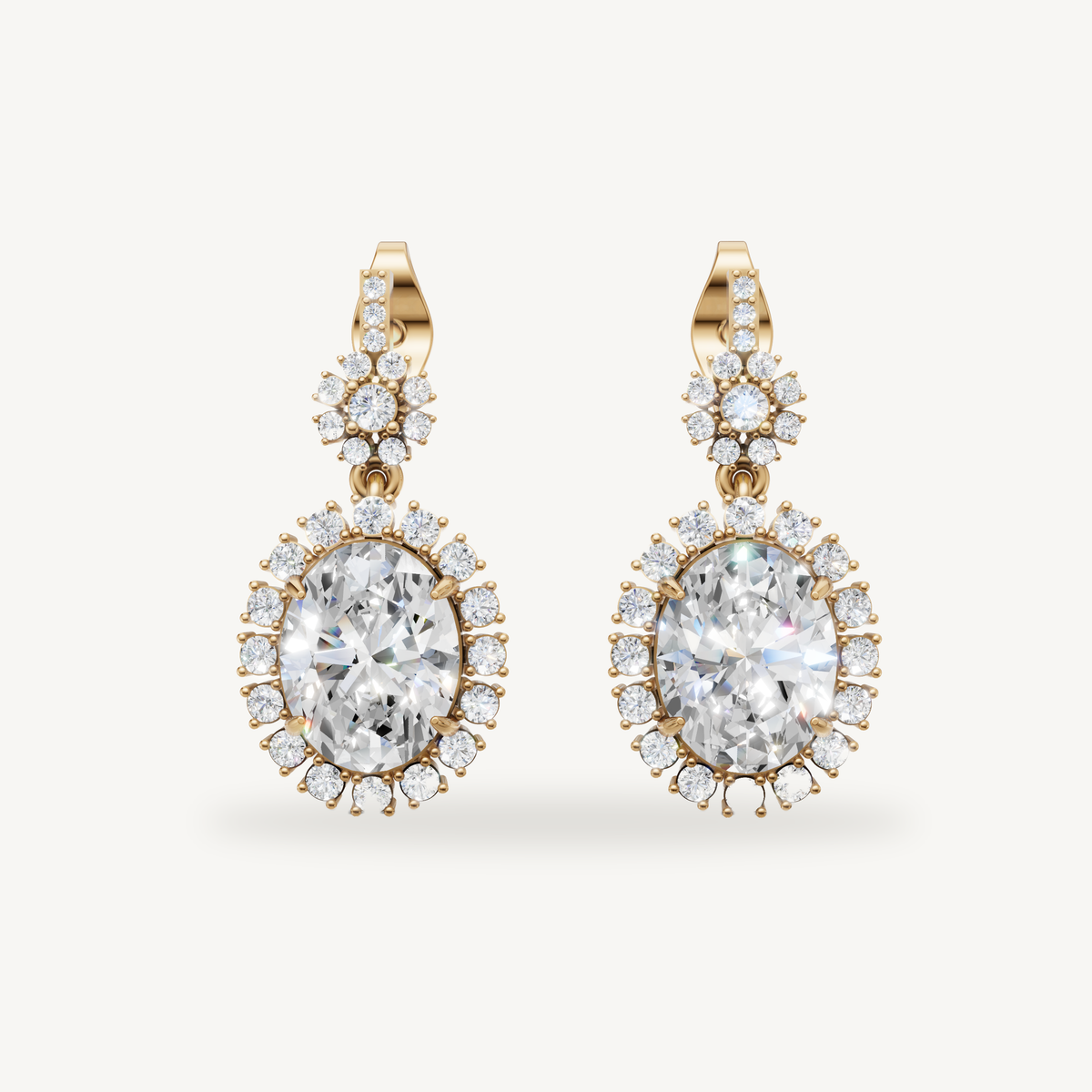 Raul Diamonds yellow gold oval diamond halo drop earrings with vintage luxury sparkle