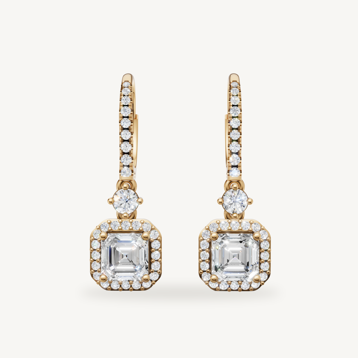 Raul Diamonds yellow gold asscher cut halo diamond drop earrings with elegant sparkle