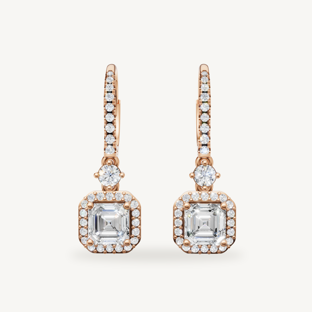 Raul Diamonds rose gold asscher cut halo diamond drop earrings with luxury sparkle