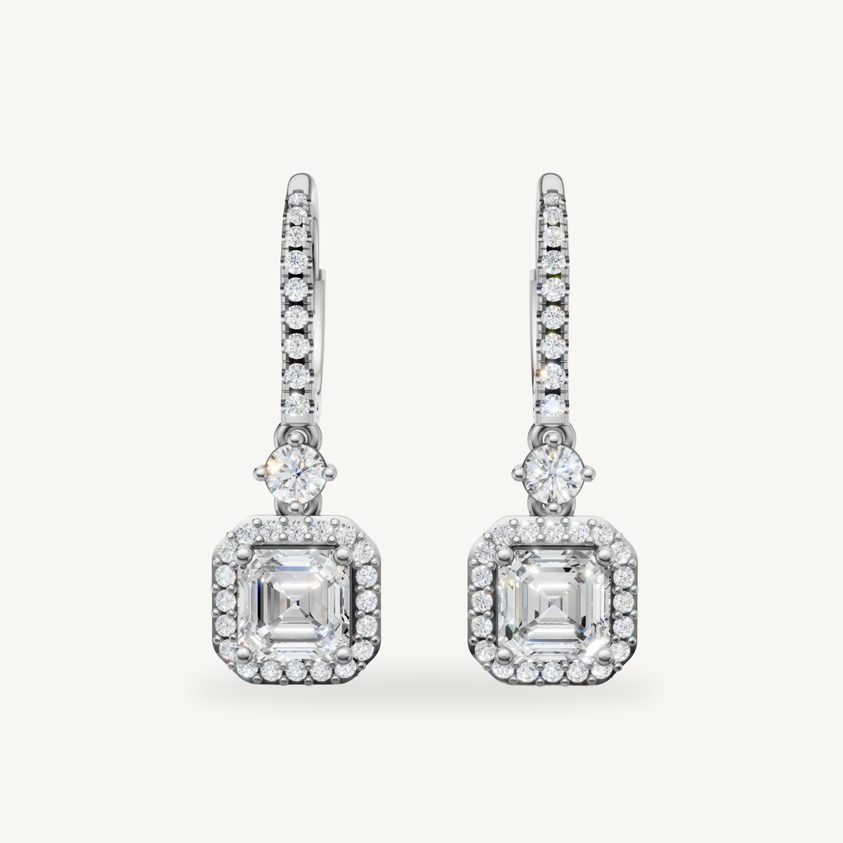 Raul Diamonds white gold asscher cut halo diamond drop earrings with brilliant sparkle