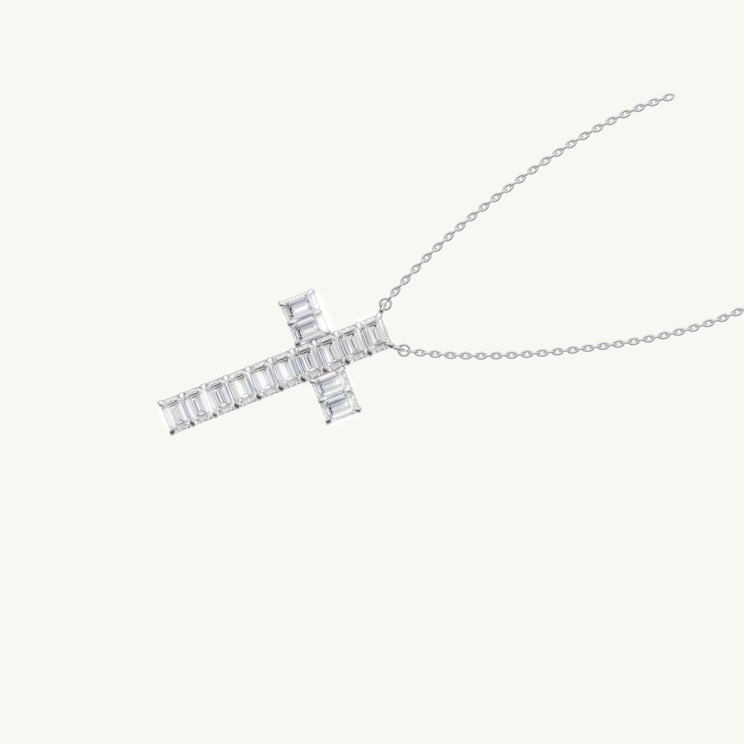 Modern Diamond Cross Pendant Necklace with Emerald Cut Stones in 14K White Gold