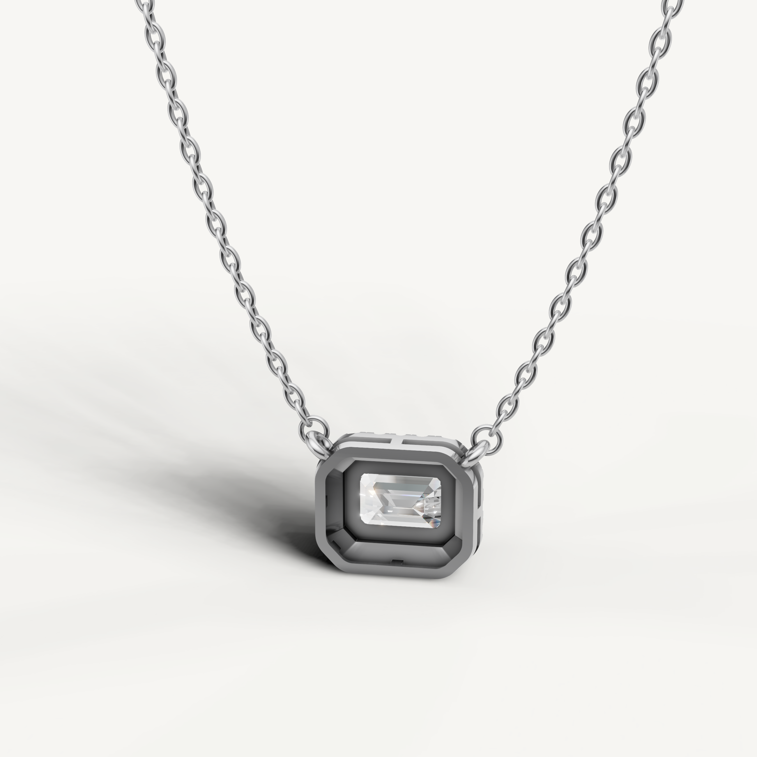 East West Emerald Lab Diamond Halo Pendant in White Gold